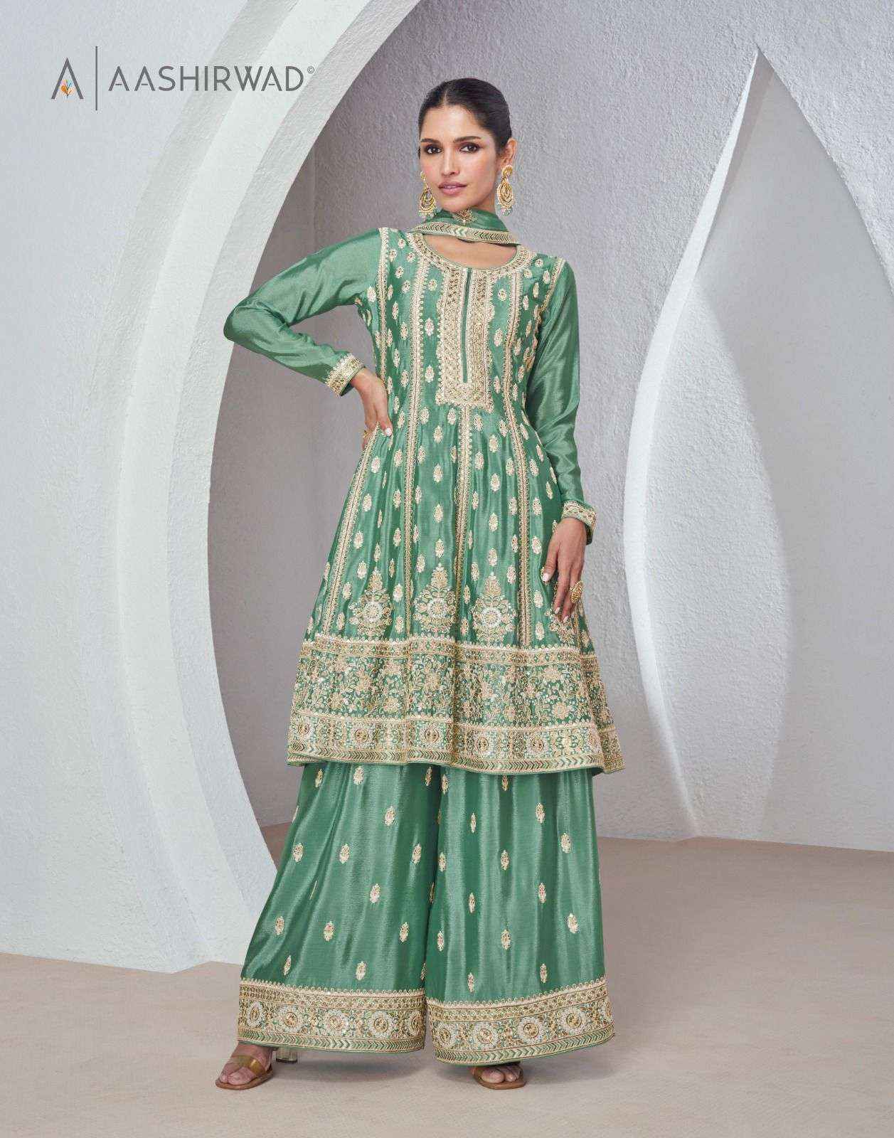 Aashirwad Creation Sajda Readymade Chinon Silk Dress 3 pcs Catalogue