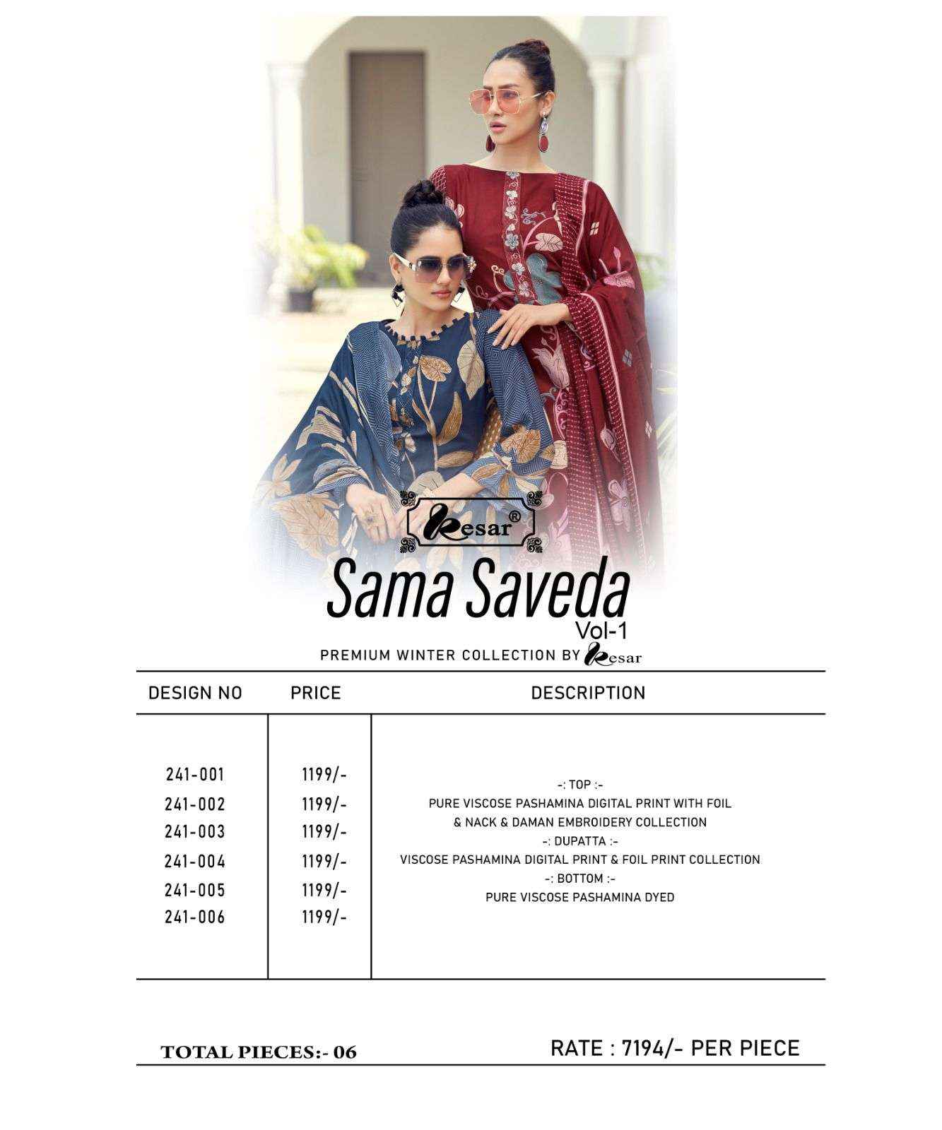 Kesar Sama Saveda Vol 1 Pashmina Dress Material 6 pcs Catalogue