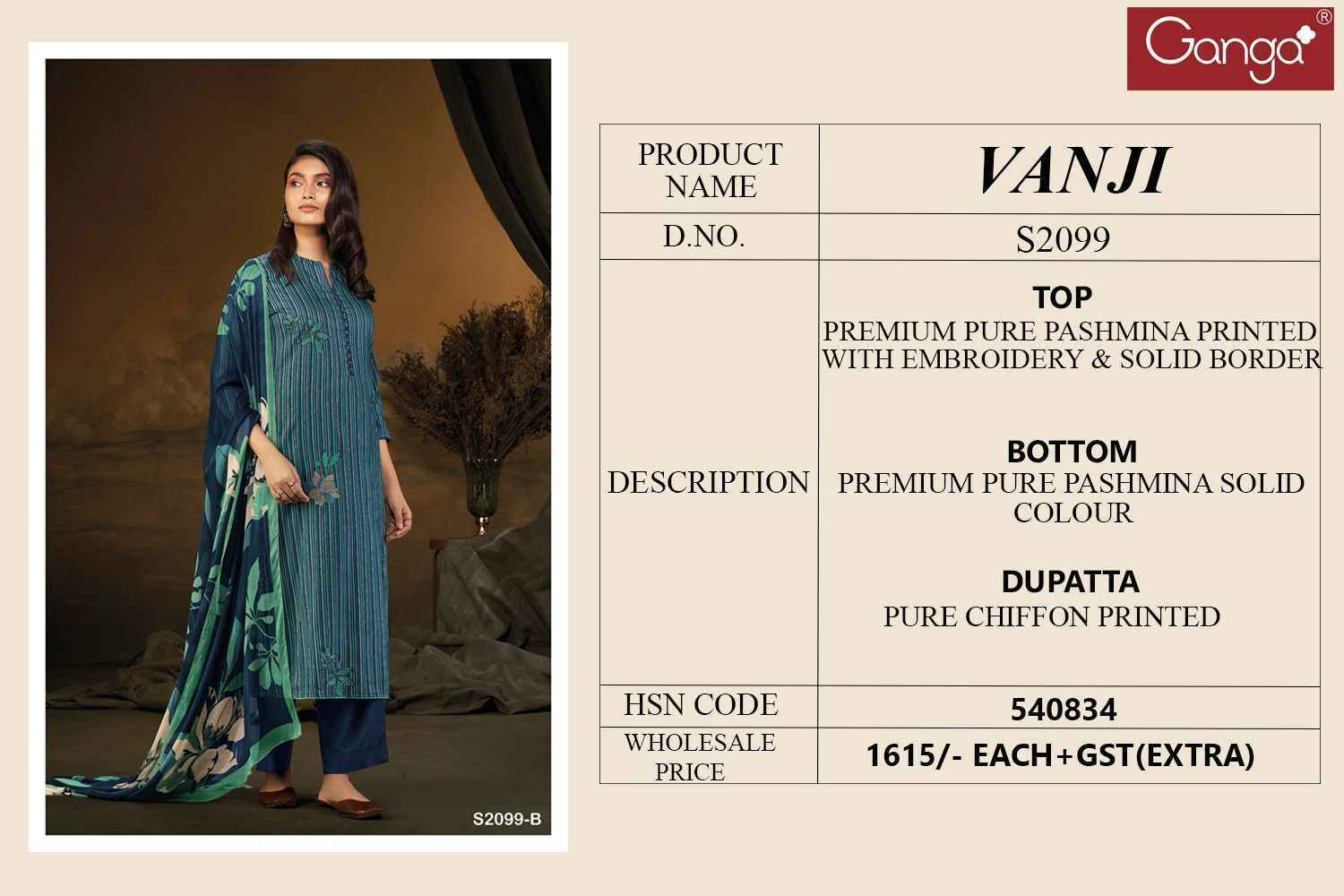 Ganga Vanji-2099 Pashmina Dress Material 4 Pc Catalog