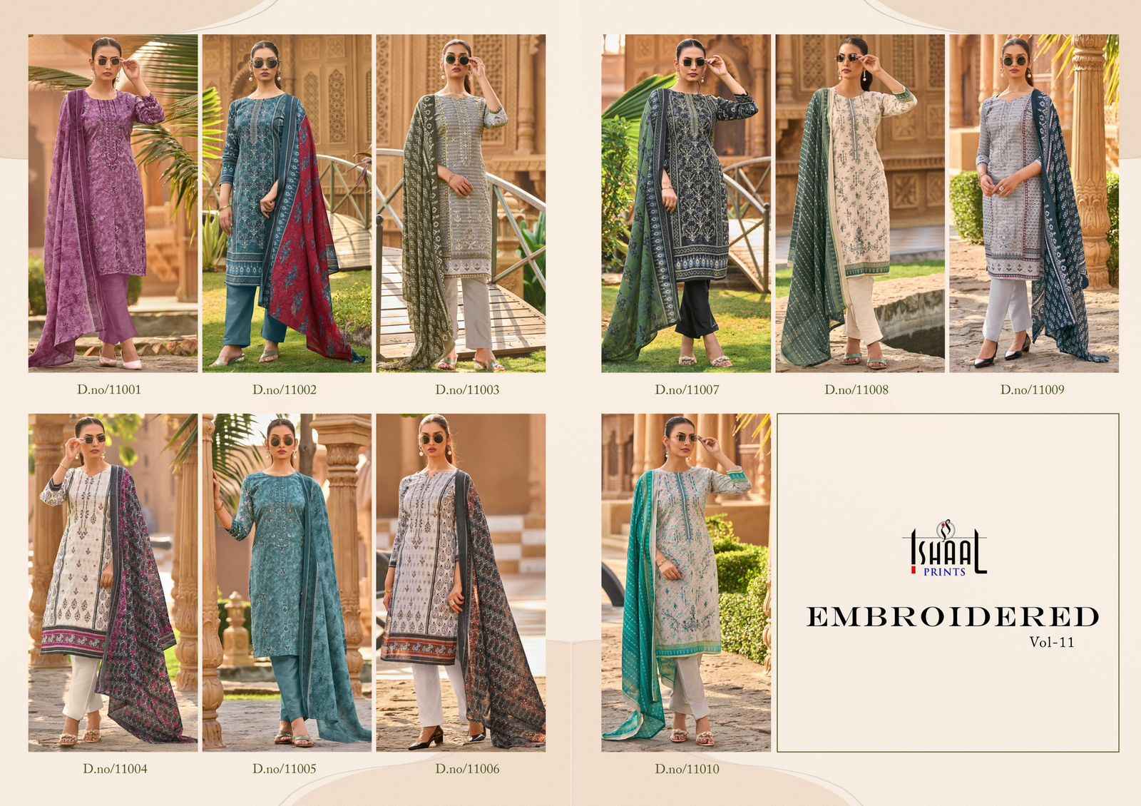 Ishaal Embroidered Vol 11 Lawn Cotton Dress Material 10 pcs Catalogue