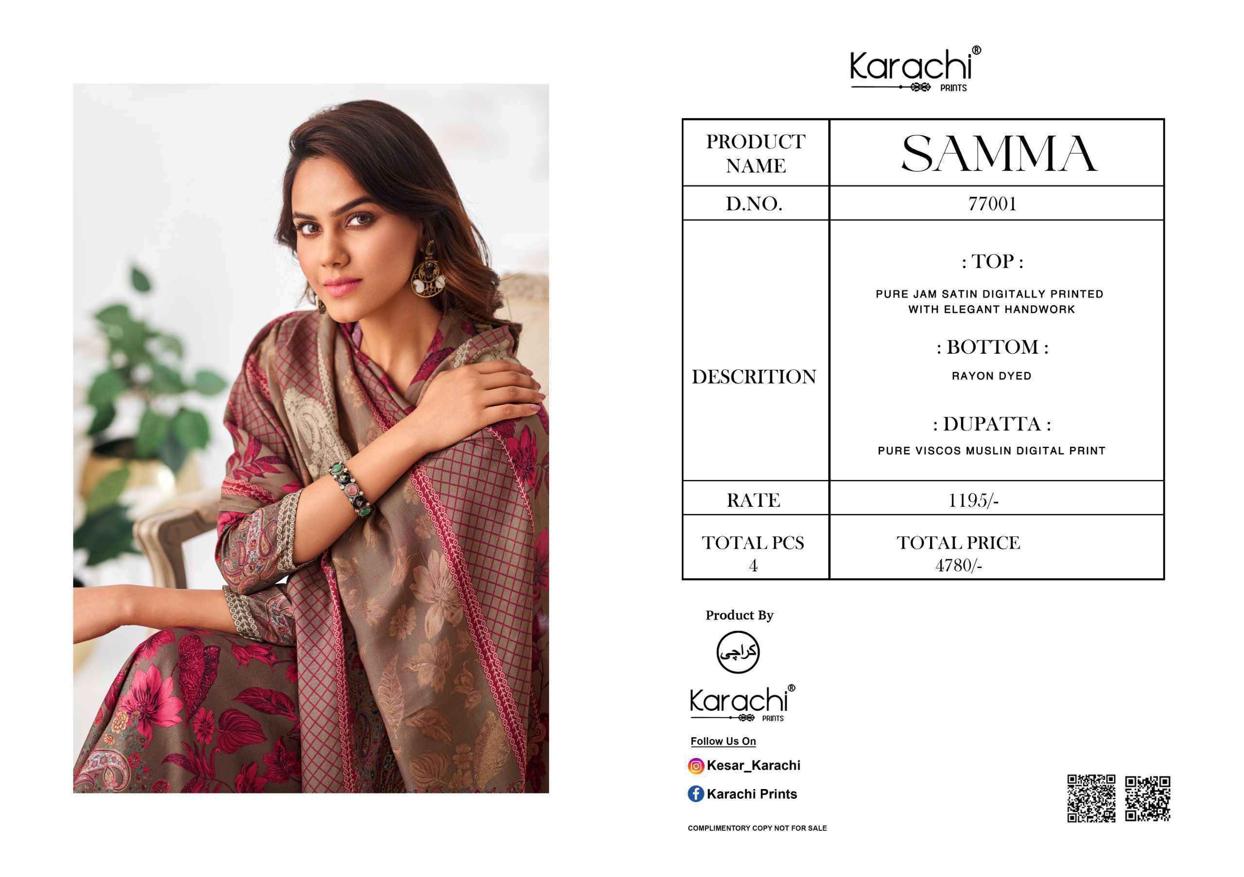 Karachi Prints Samma Jam Satin Dress Material 4 pcs Catalogue