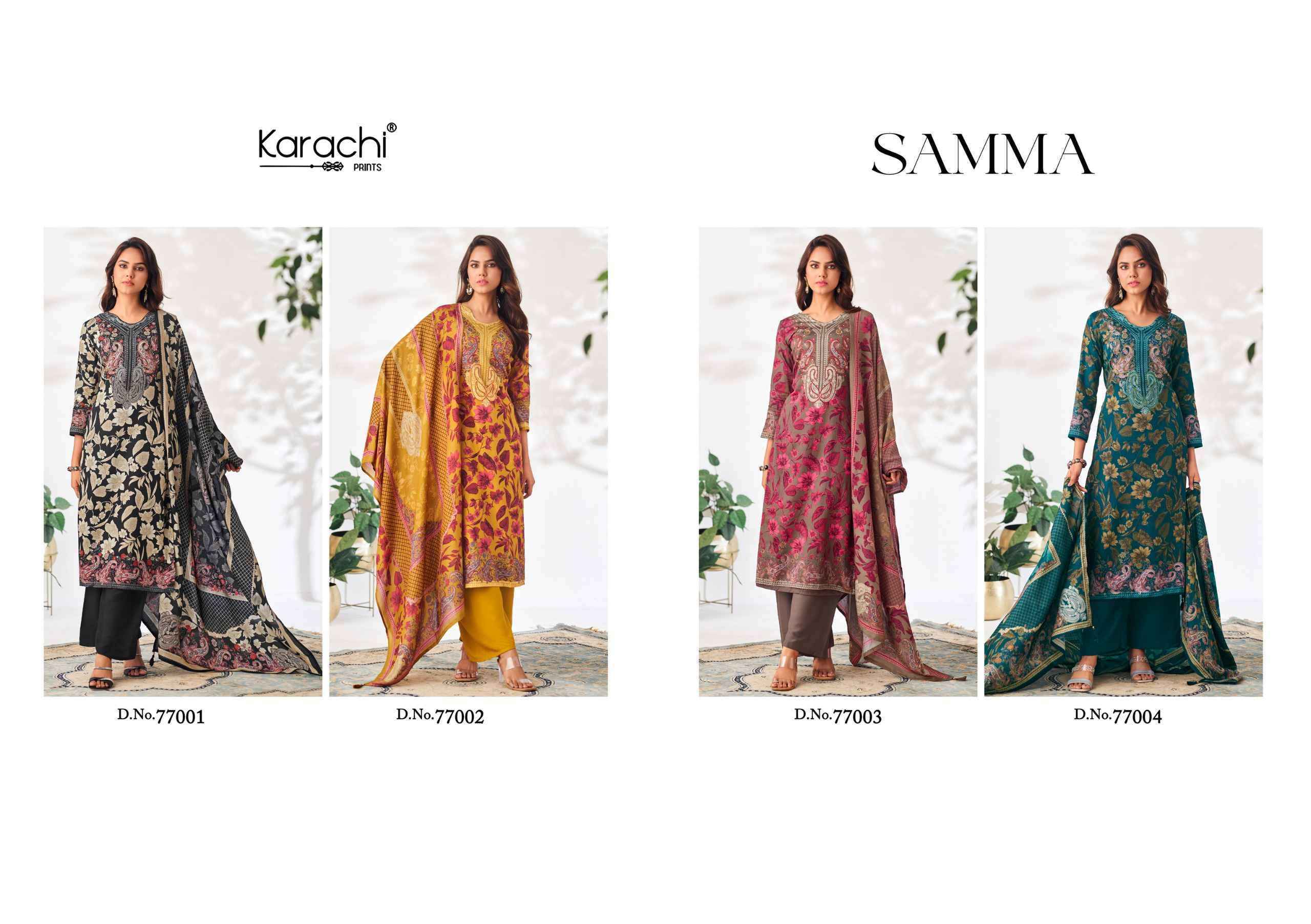 Karachi Prints Samma Jam Satin Dress Material 4 pcs Catalogue