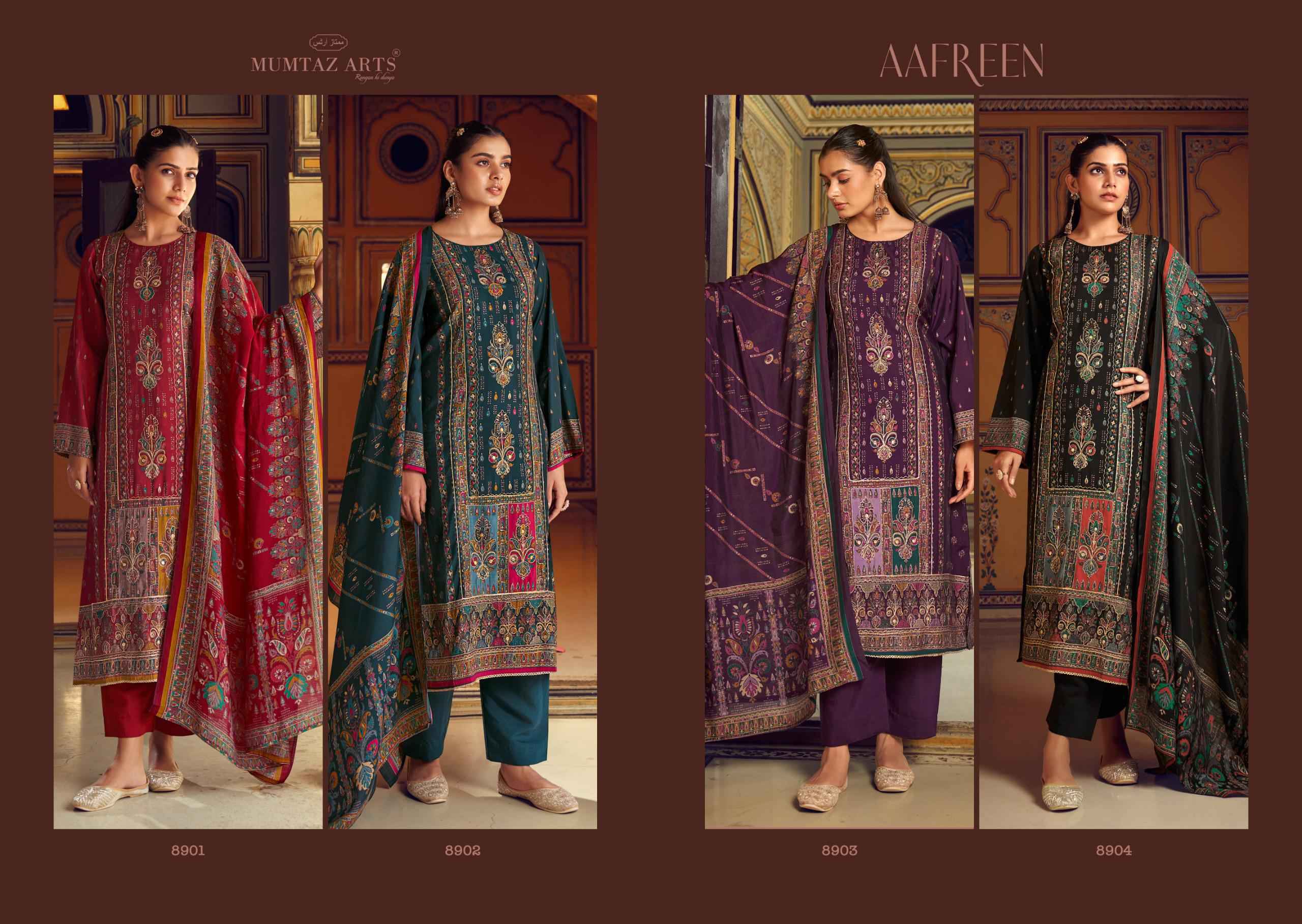 Mumtaz Arts Aafreen Viscouse Musline Dress Material 4 pcs Catalogue