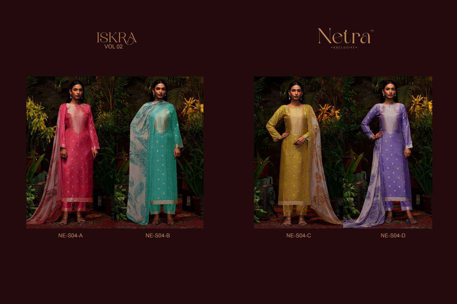 Netra Iskra Vol 2 Musline Jacquard Dress Material 4 pcs Catalogue