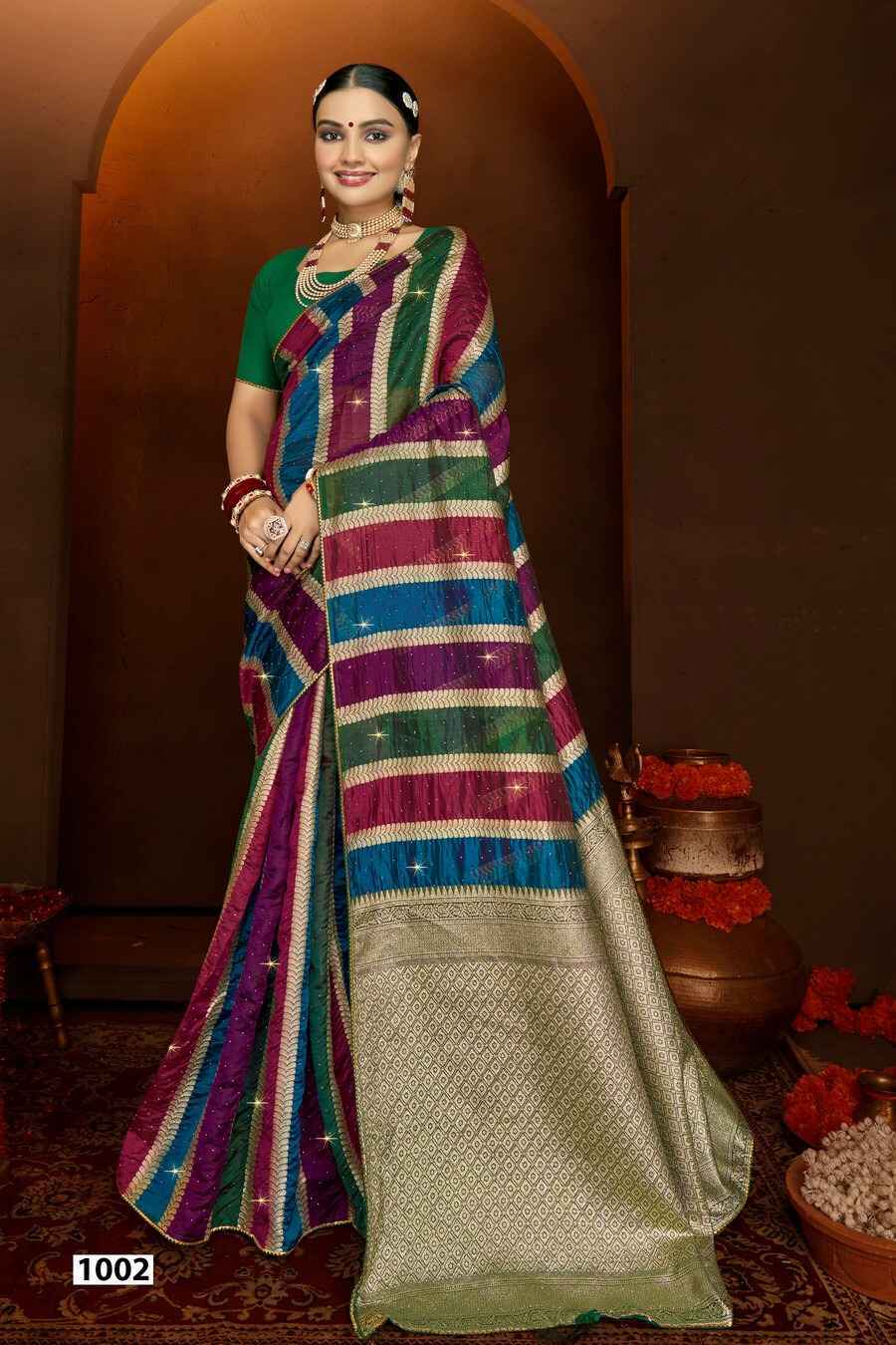 Saroj Shivika Organza Swarovski Saree 6 pcs Catalogue