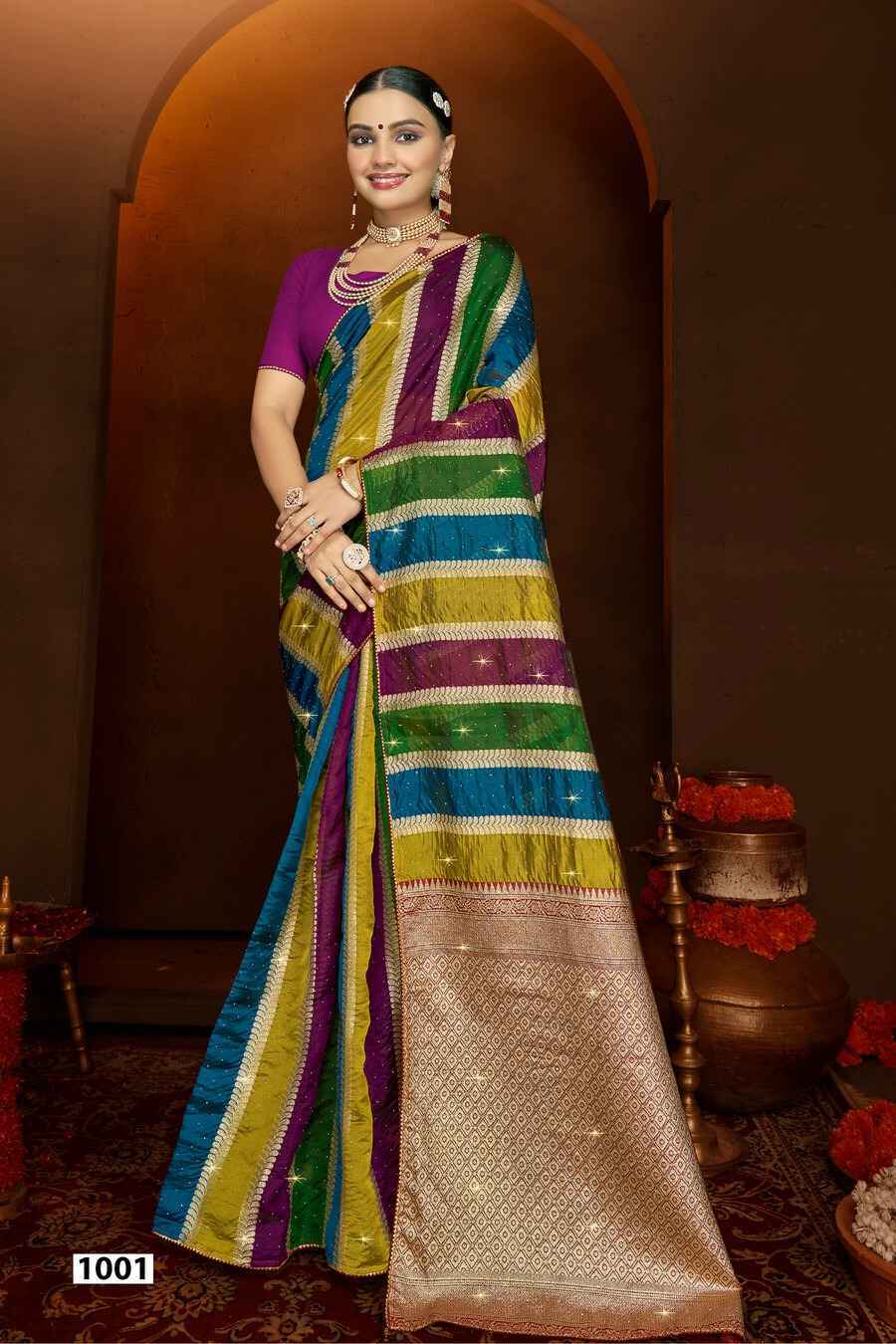 Saroj Shivika Organza Swarovski Saree 6 pcs Catalogue