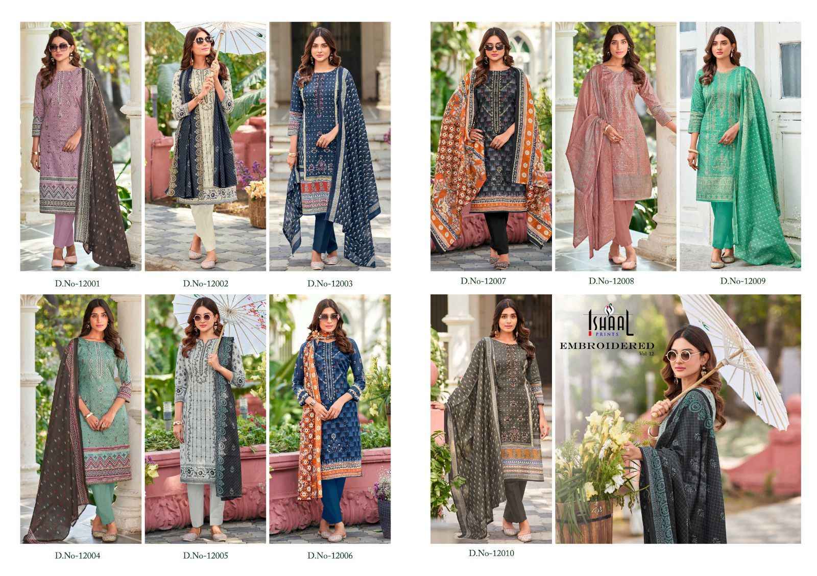 Ishaal Embroidered Vol 12 Lawn Cotton Dress Material 10 pcs Catalogue