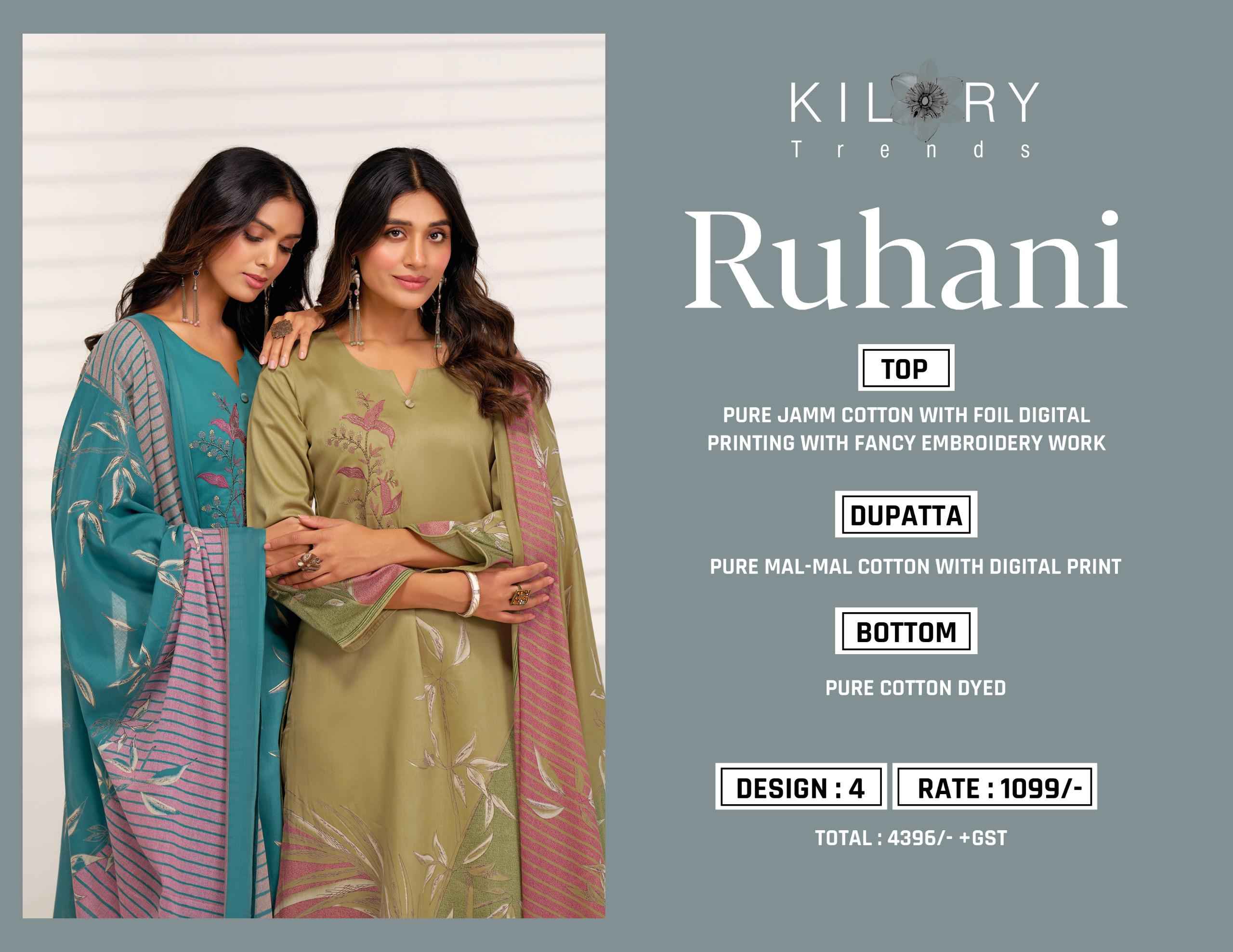 Kilory Trends Ruhani Jam Cotton Dress Material 4 pcs Catalogue