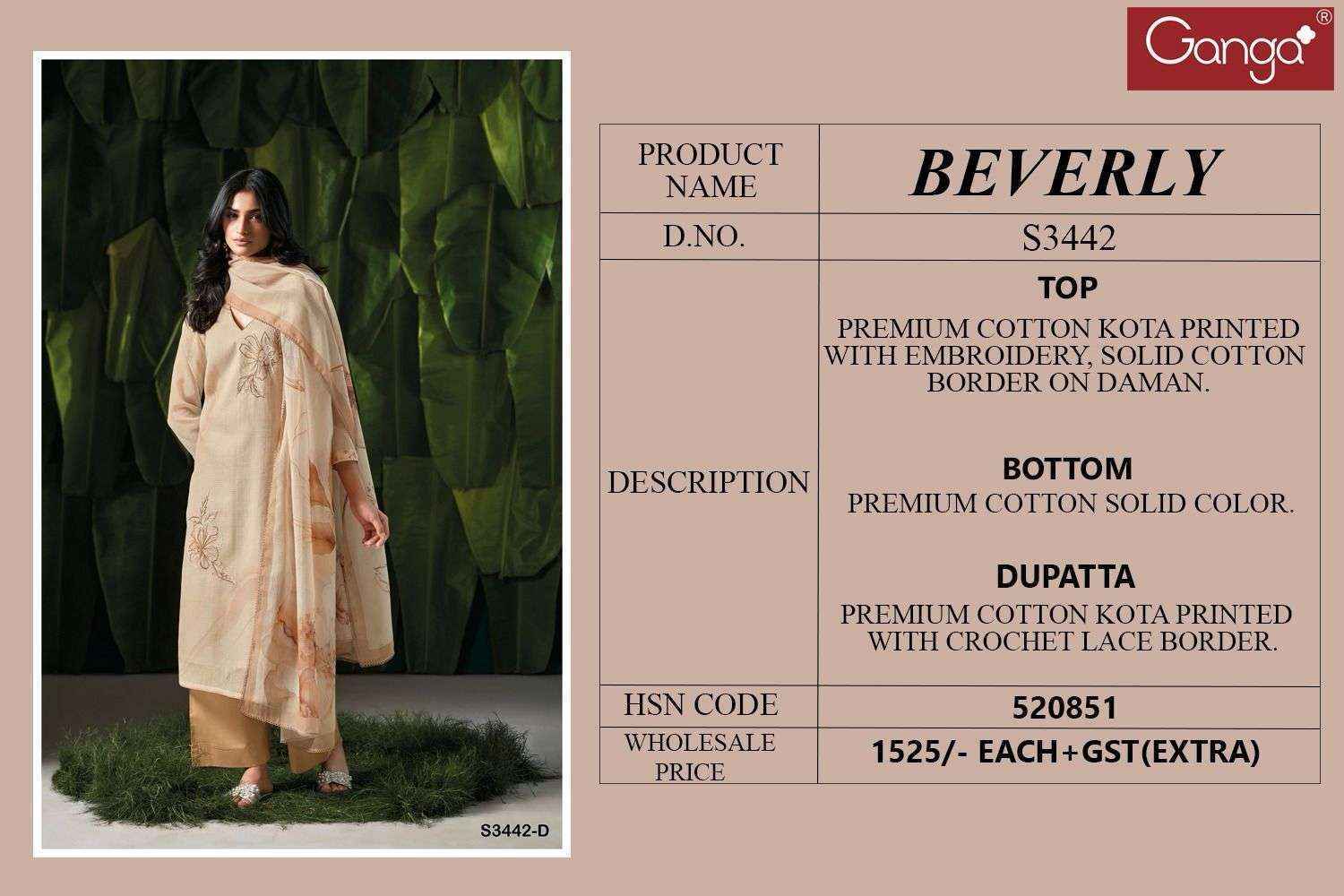 Ganga Beverly-3442 Cotton Dress Material (4 pcs Catalogue)