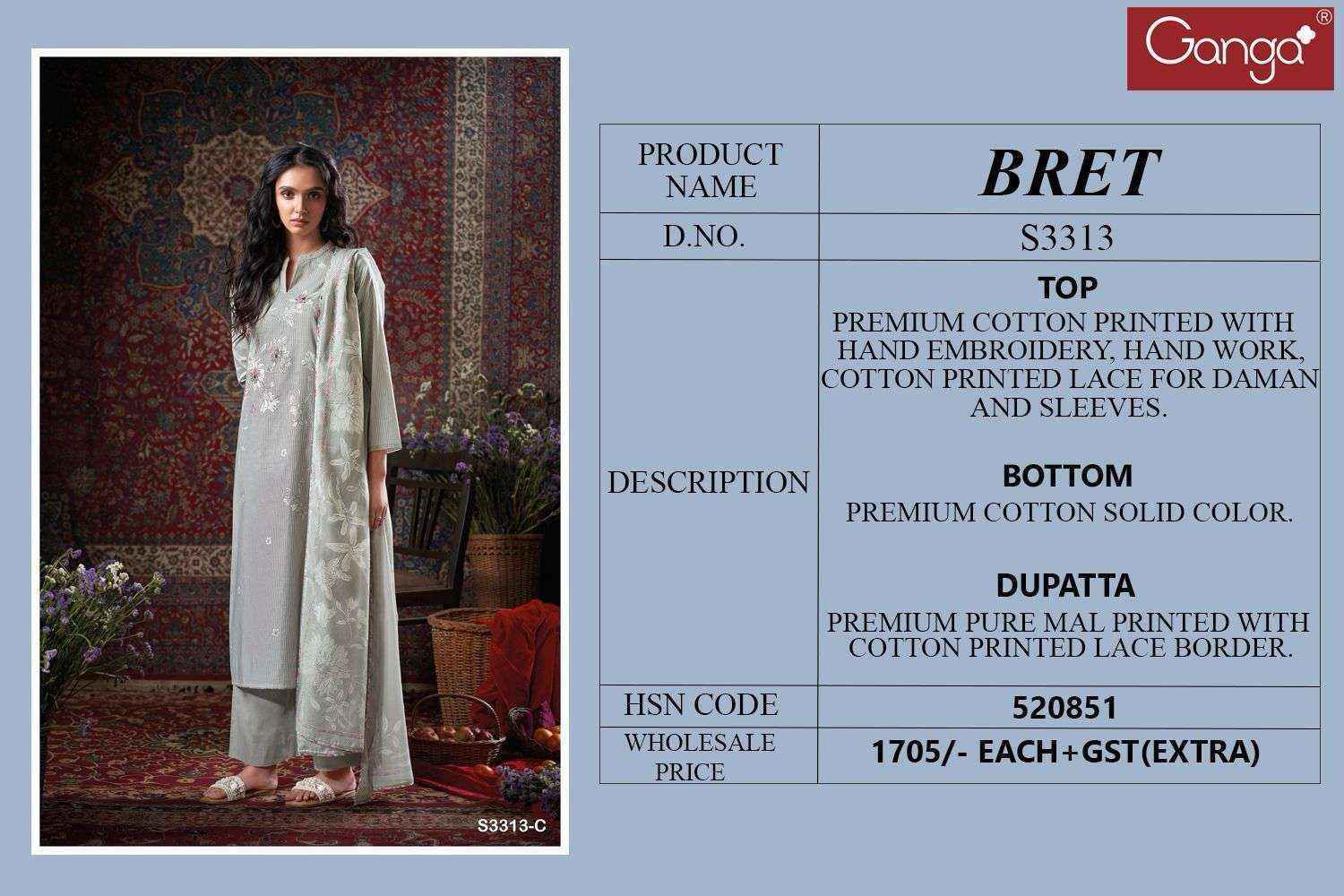 Ganga Bret-3313 Cotton Dress Material (4 pcs Catalogue)