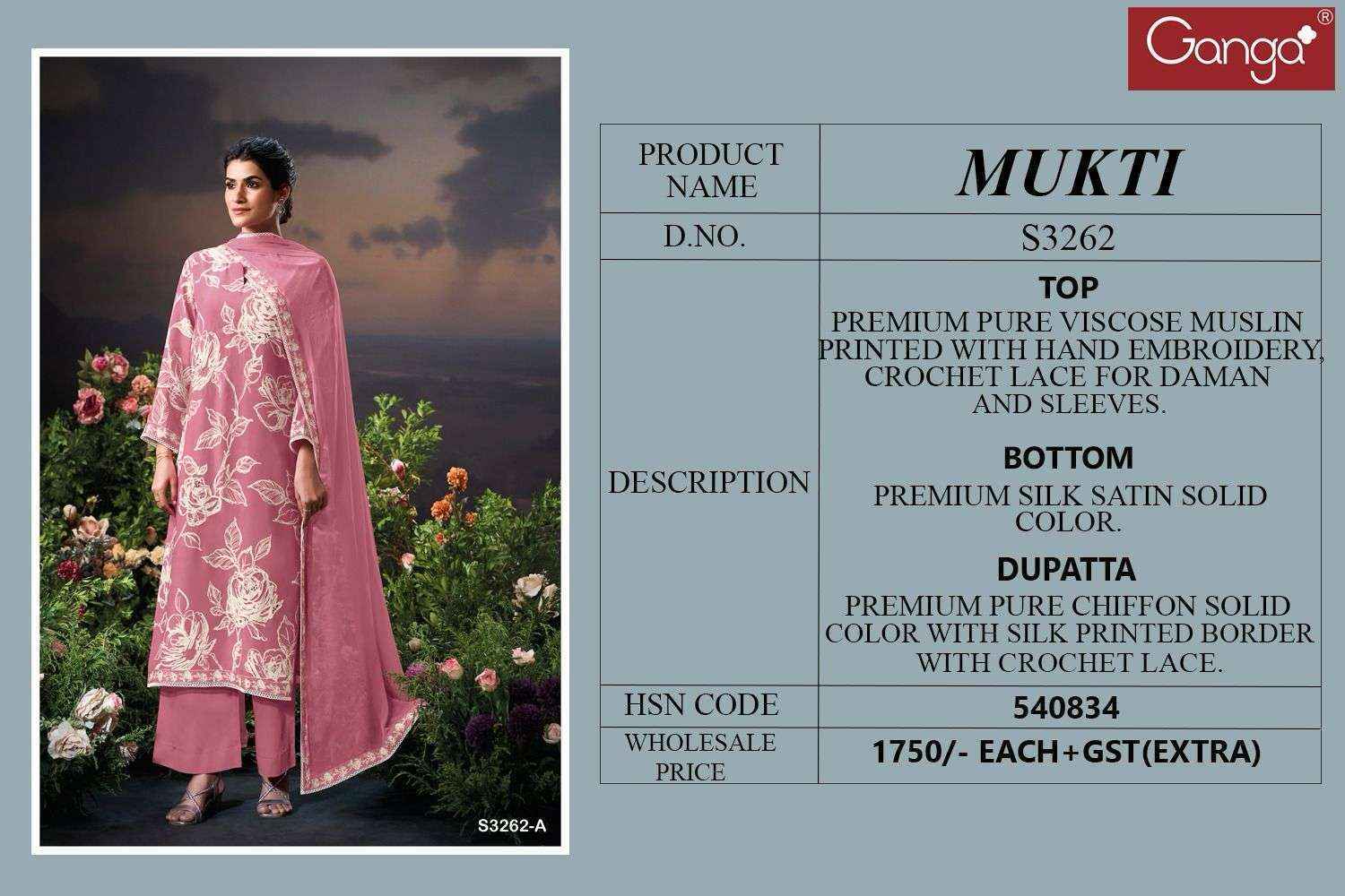 Ganga Mukti-3262 Viscouse Musline Dress Material (4 pcs Catalogue)
