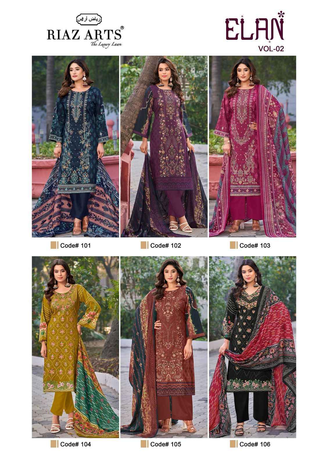 Riaz Arts Elan Vol 2 Karachi Lawn Dress Material 6 pcs Catalogue