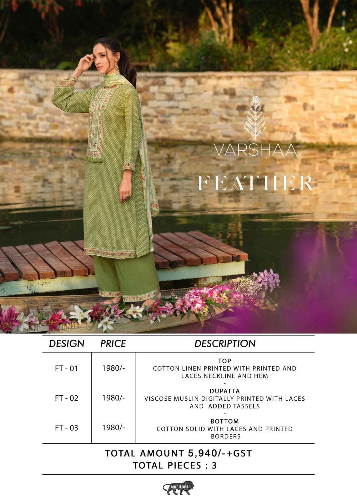 Varsha Feather Linen Cotton Dress Material 3 pcs Catalogue