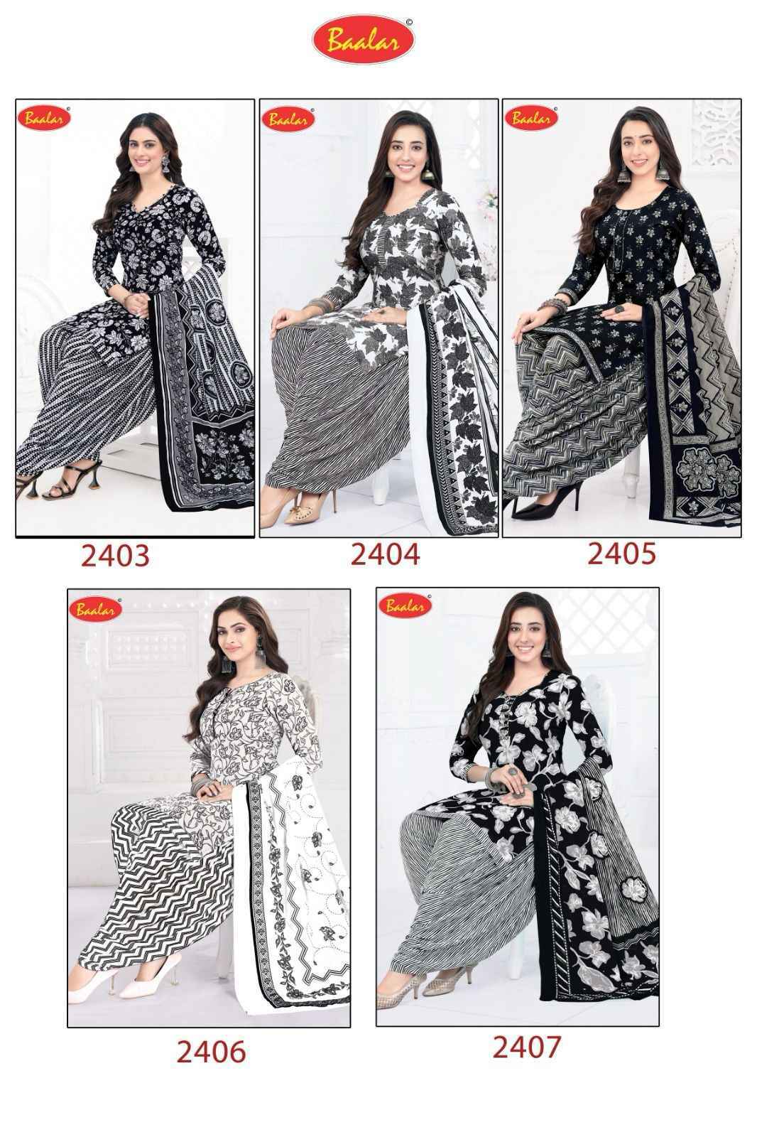 Baalar Black & White Cotton Dress Material 5 pcs Catalogue