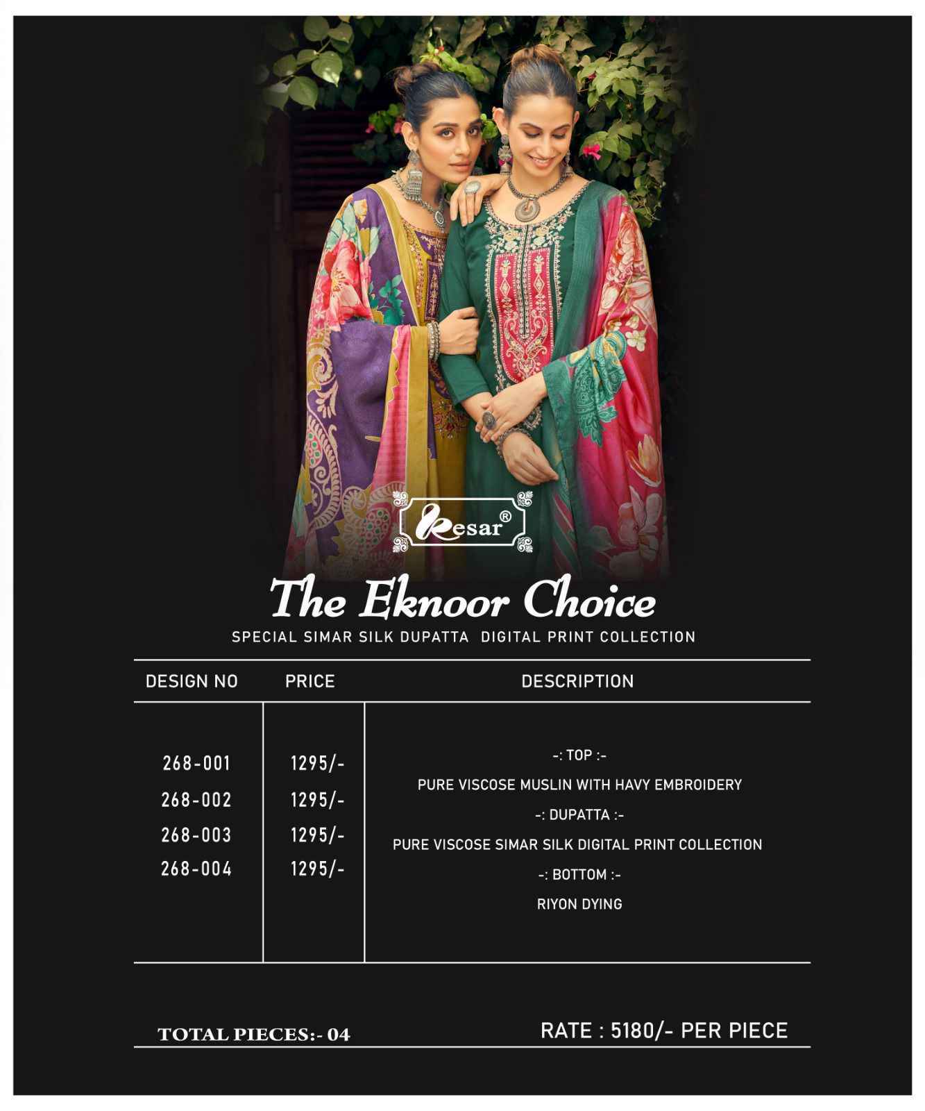 Kesar The Eknoor Choice Viscouse Musline Dress Material 4 pcs Catalogue