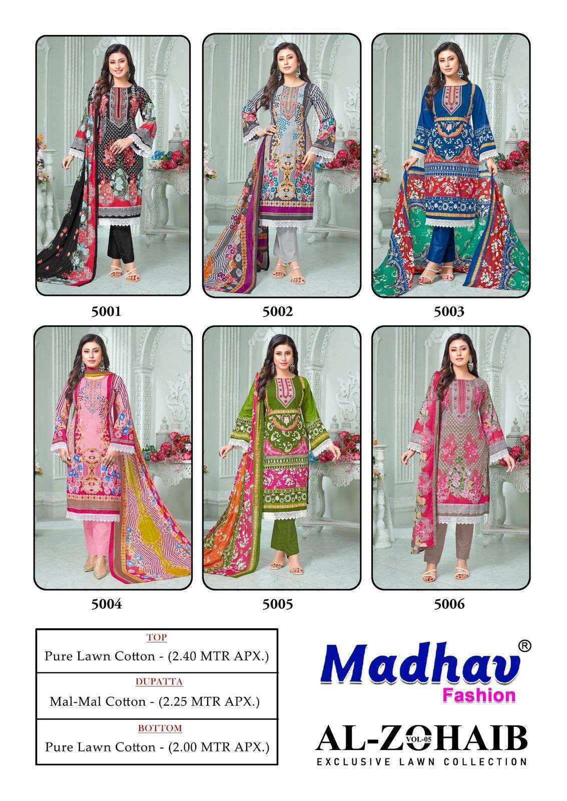 Madhav Fashion Al Zohaib Vol-5 Lawn Cotton Dress Material (6 pcs Catalogue)