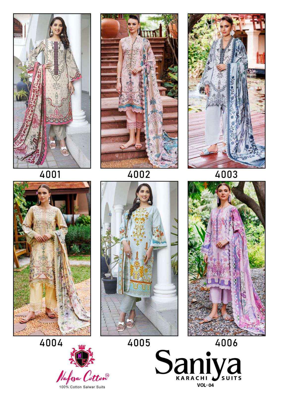 Nafisa Cotton Saniya Karachi Suits Vol-4 Cotton Dress Material (6 pcs Catalogue)