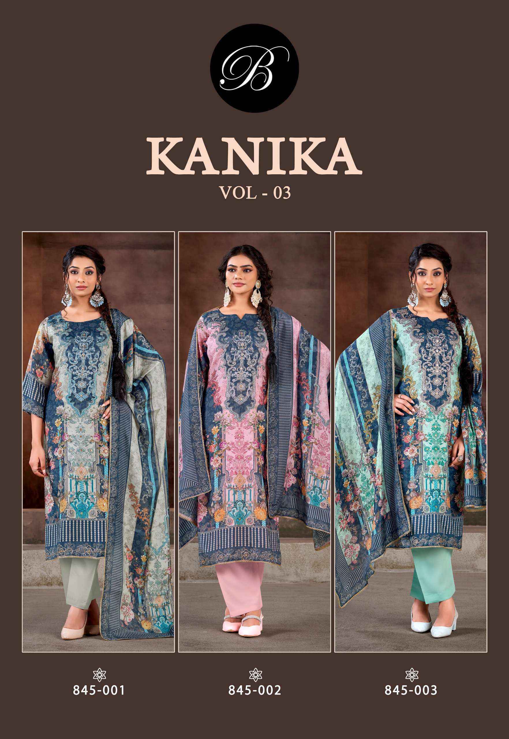 Belliza Kanika Vol 3 Viscouse Musline Dress Material 3 pcs Catalogue