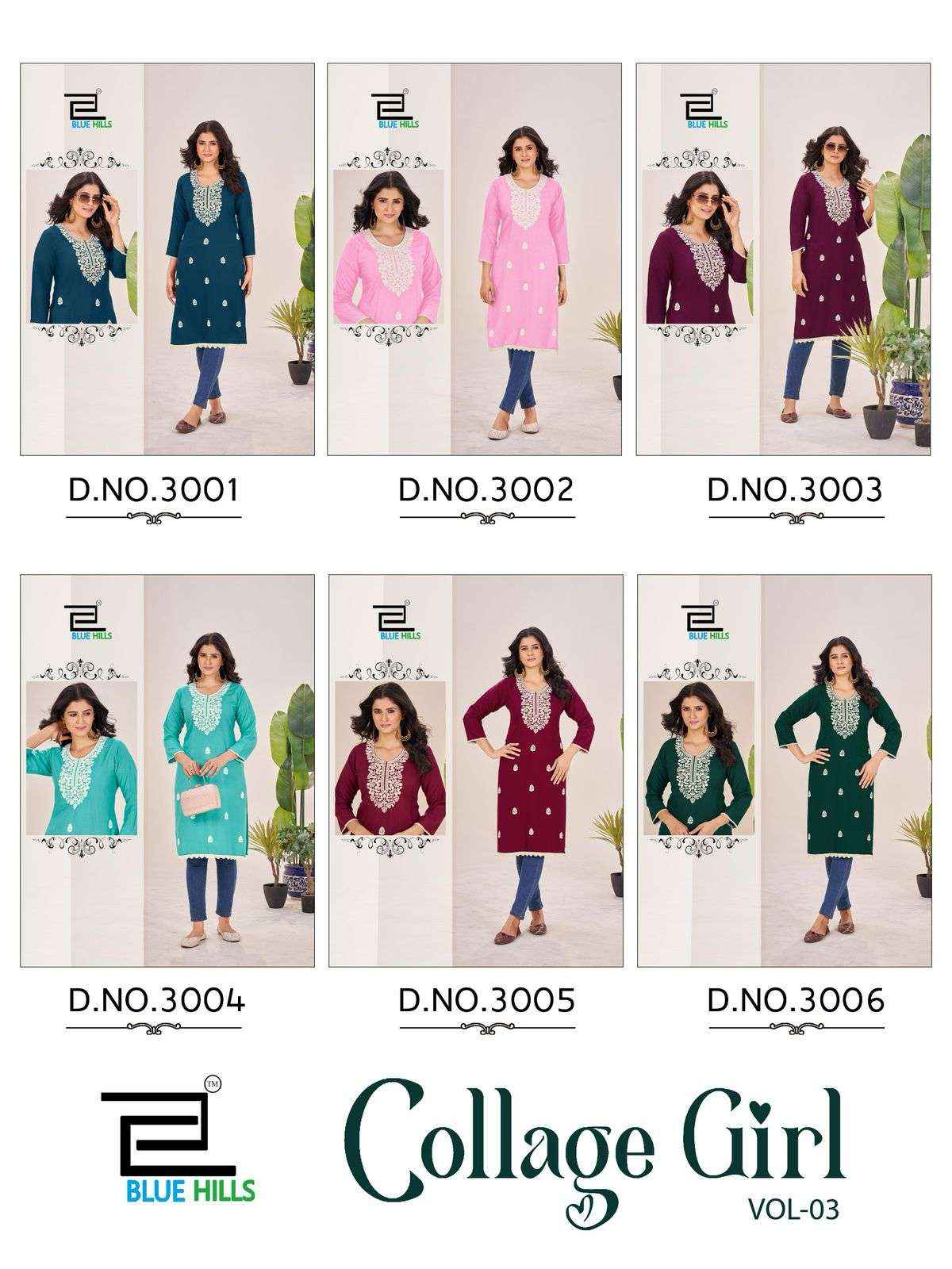 Blue Hills Collage Girl Vol 3 Rayon Kurti 6 pcs Catalogue