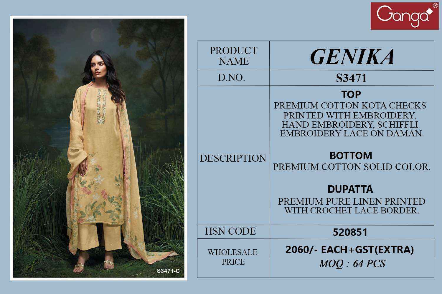 Ganga Genika-3471 Cotton Dress Material (4 pcs Catalogue)