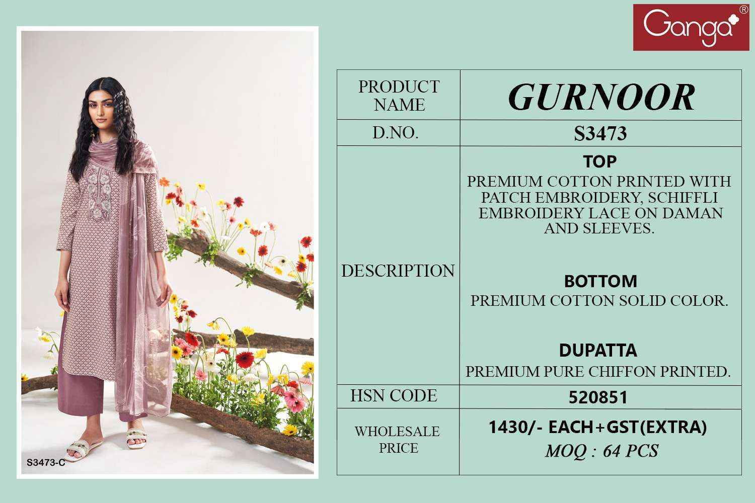 Ganga Gurnoor-3473 Cotton Dress Material (4 pcs Catalogue)