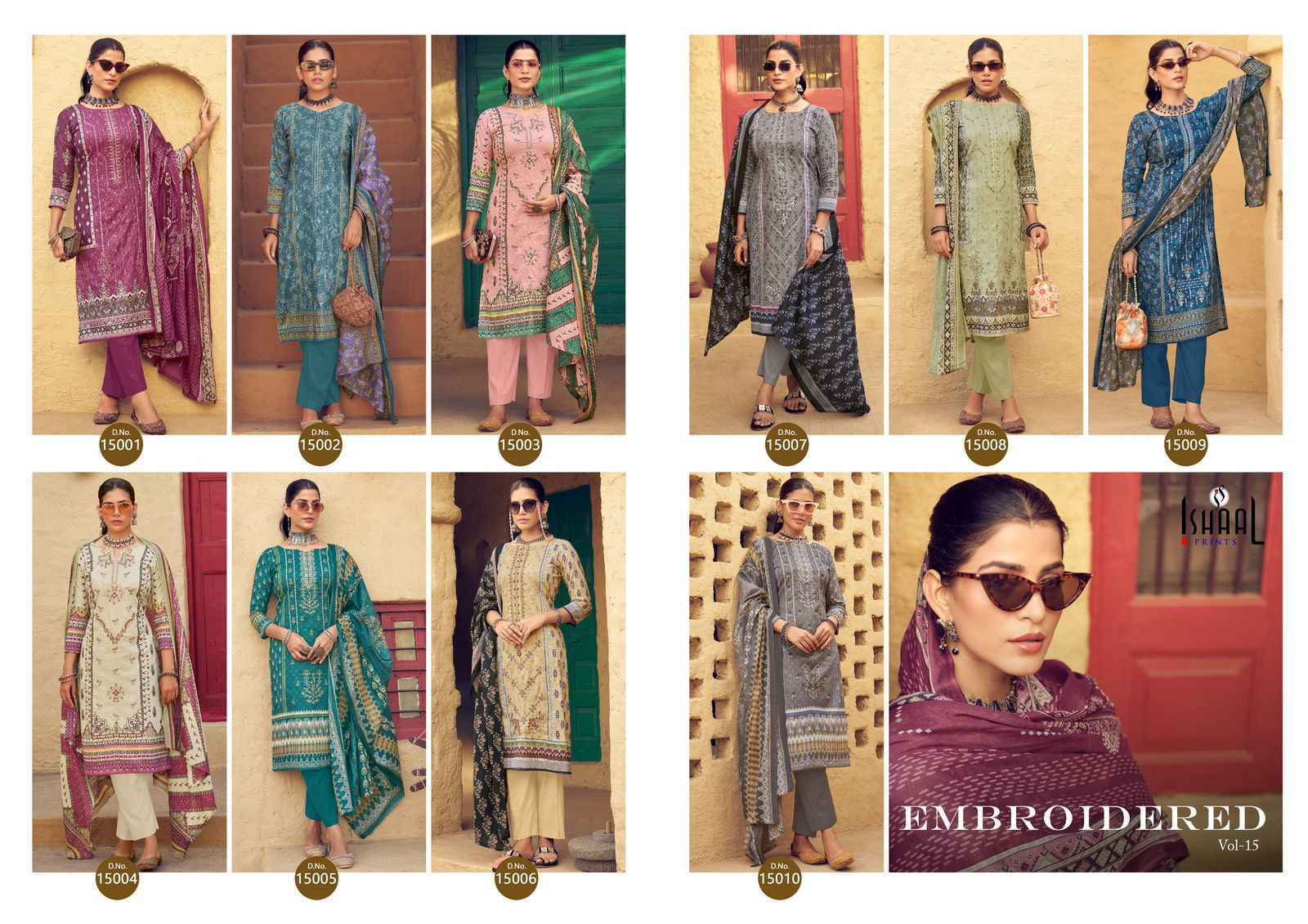 Ishaal Embroidered Vol-15 Lawn Cotton Dress Material (10 pcs Catalogue)
