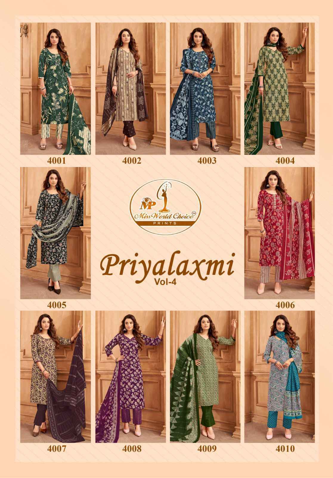 Miss World Choice Priyalaxmi Vol-4 Cotton Dress Material (10 pcs Catalogue)