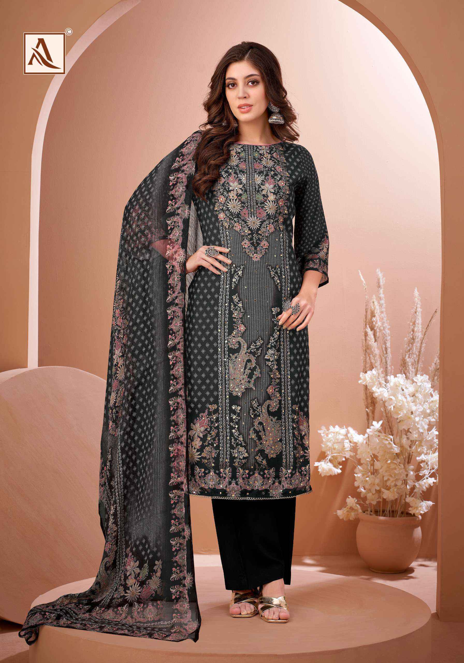 Alok Black Mirror Viscose Muslin Dress Material 8 pcs Catalogue