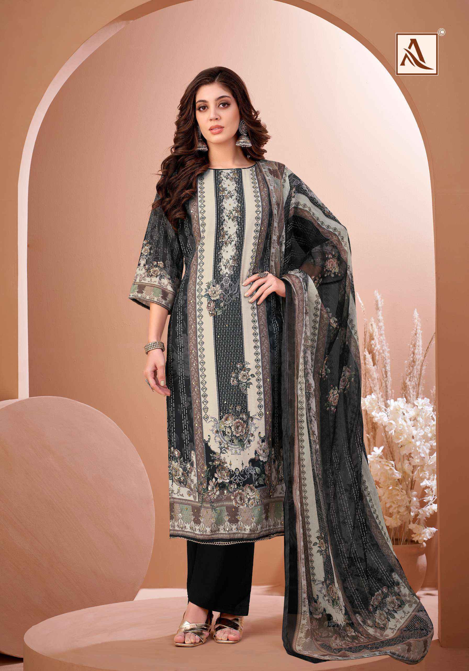 Alok Black Mirror Viscose Muslin Dress Material 8 pcs Catalogue
