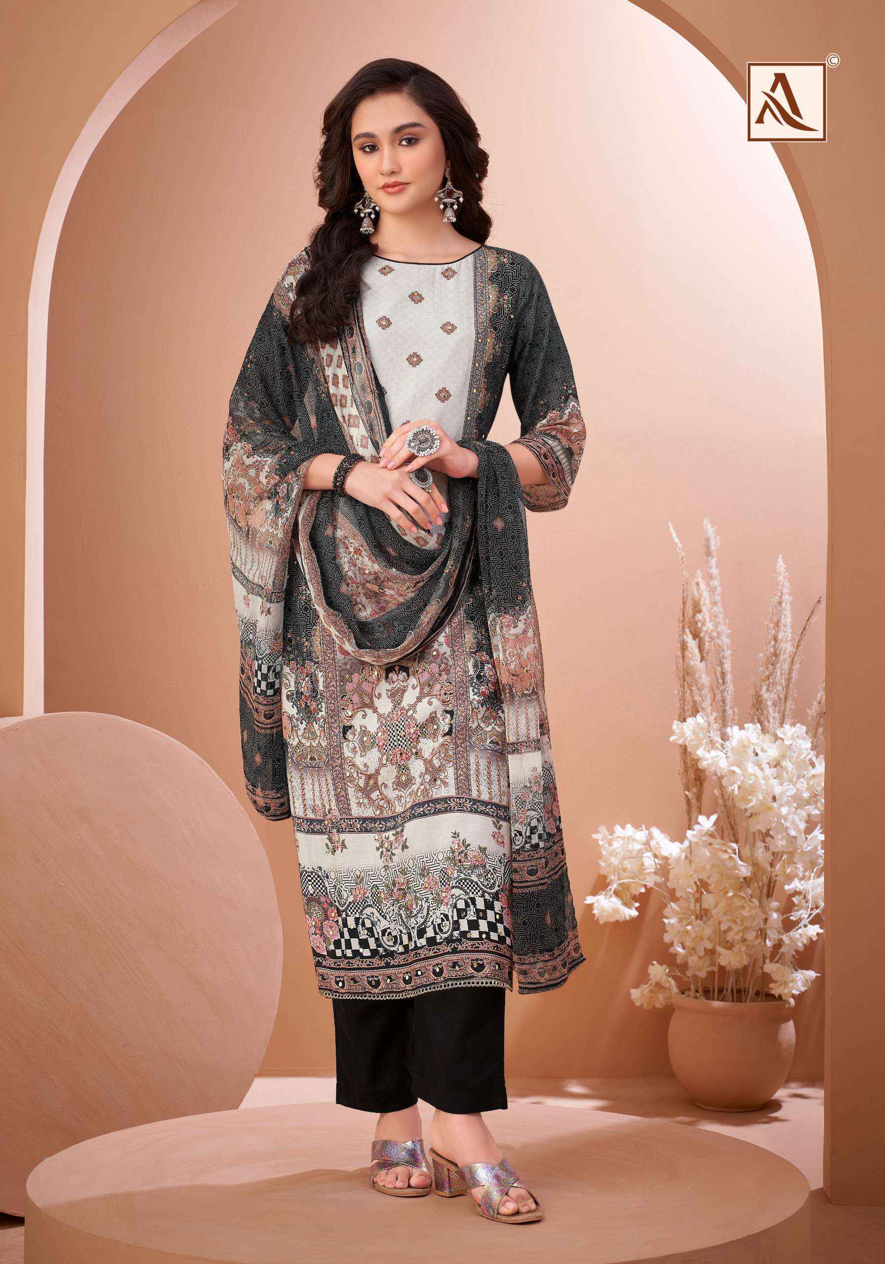 Alok Black Mirror Viscose Muslin Dress Material 8 pcs Catalogue