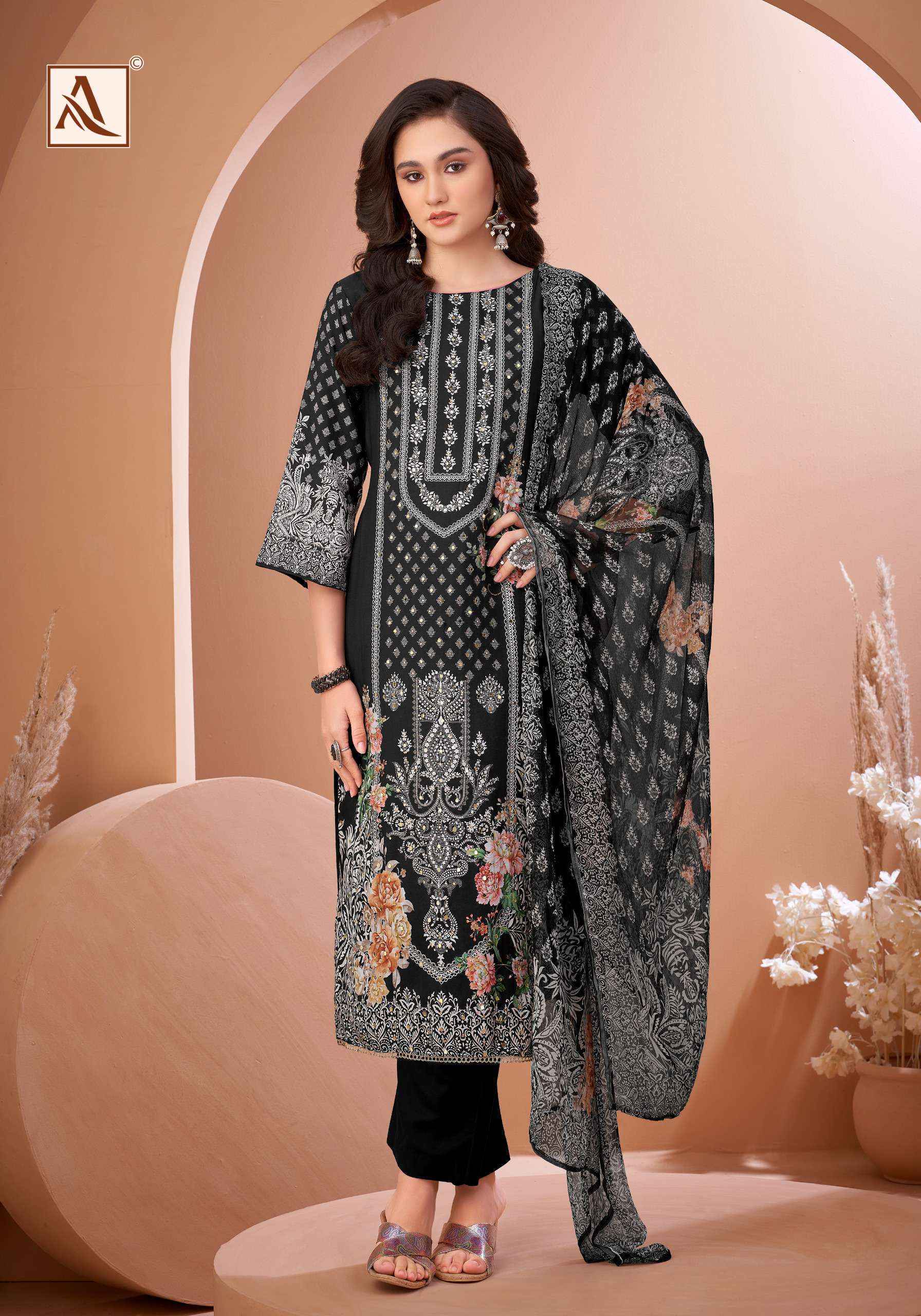 Alok Black Mirror Viscose Muslin Dress Material 8 pcs Catalogue