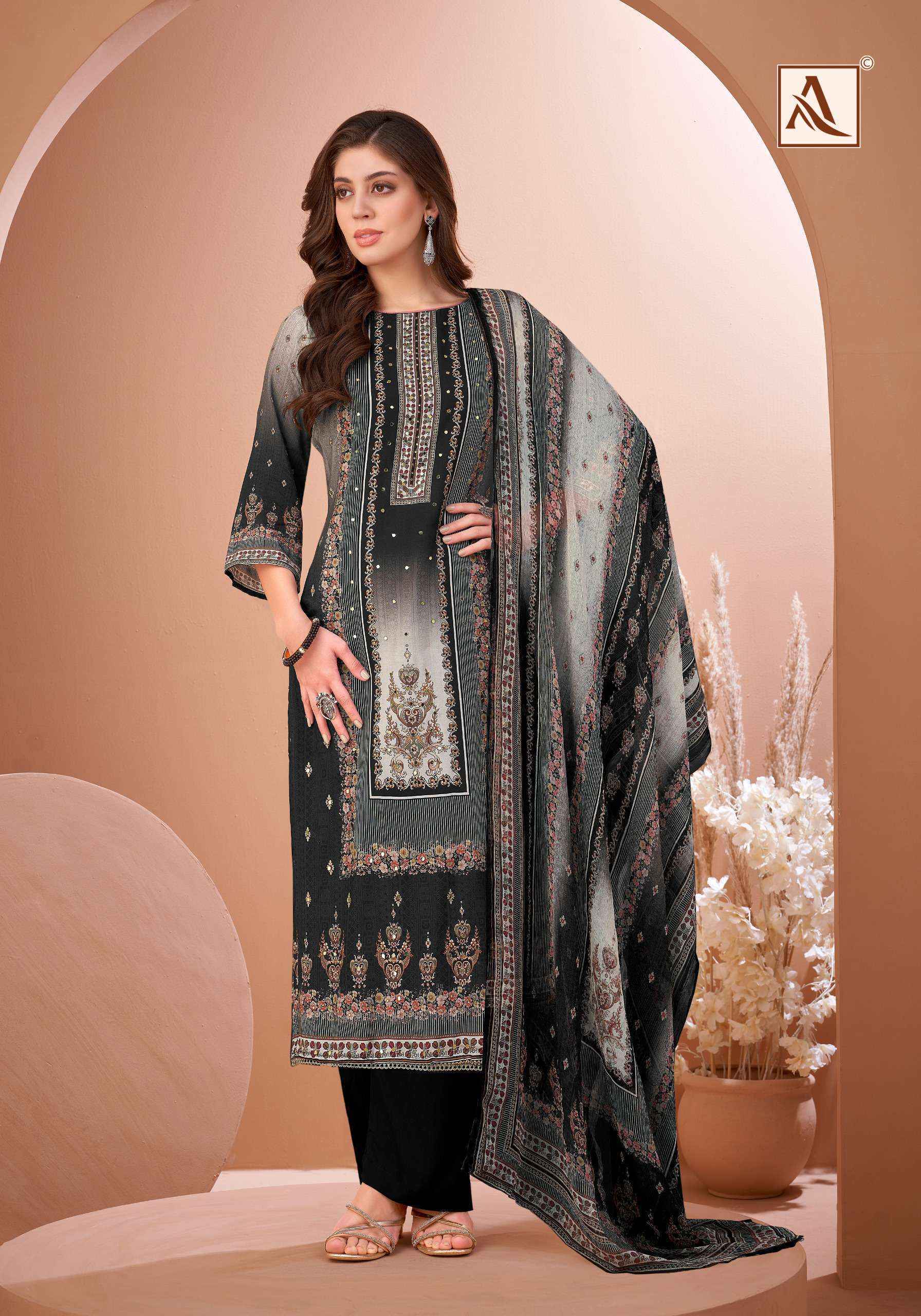 Alok Black Mirror Viscose Muslin Dress Material 8 pcs Catalogue