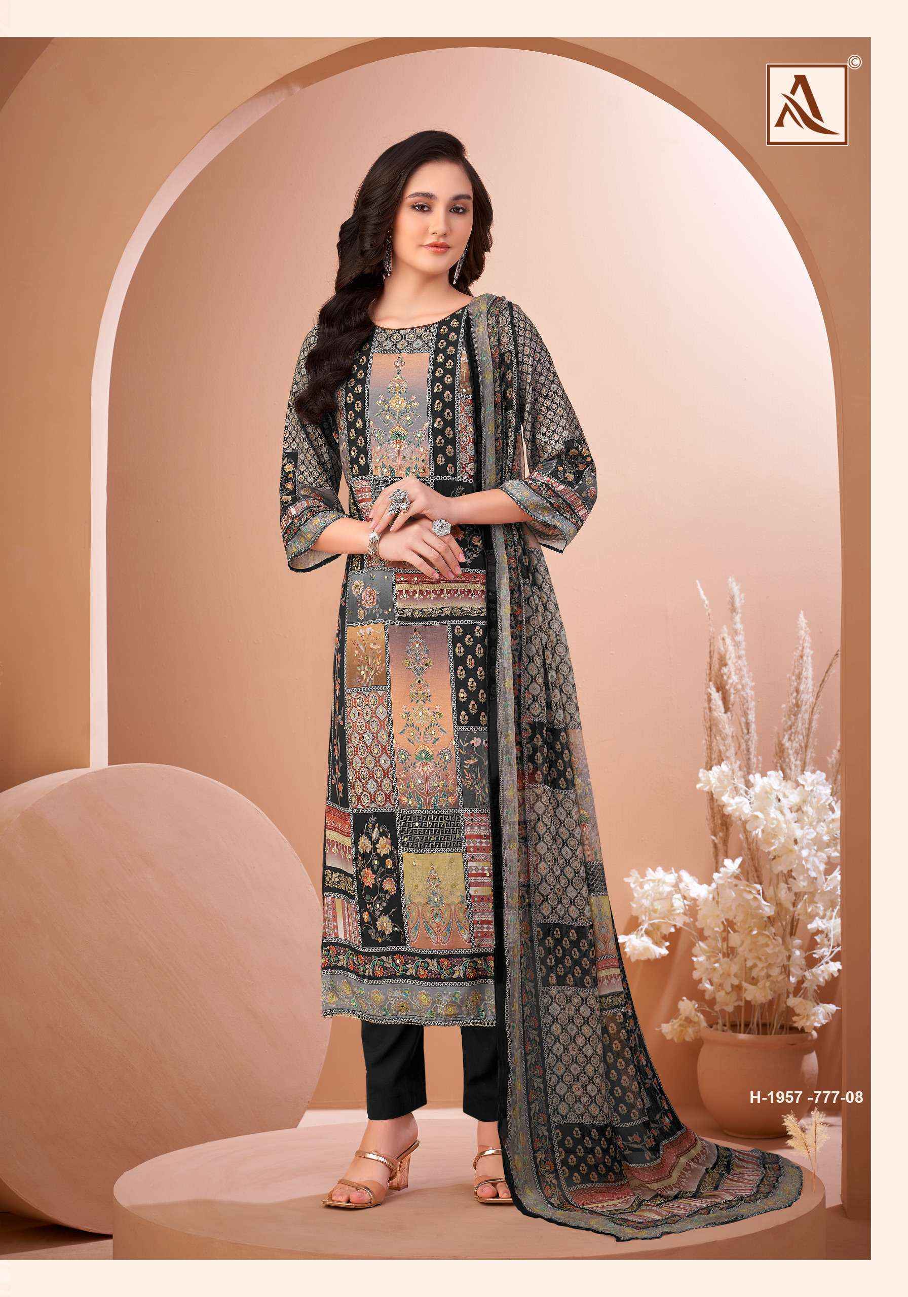 Alok Black Mirror Viscose Muslin Dress Material 8 pcs Catalogue