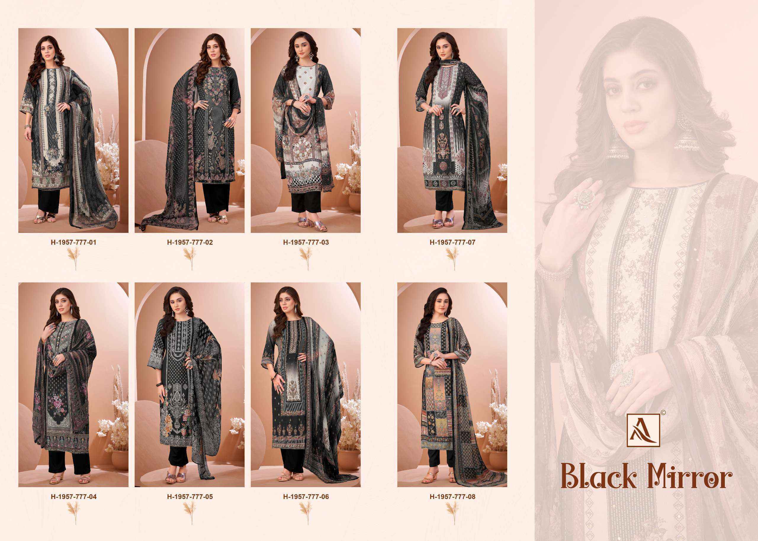 Alok Black Mirror Viscose Muslin Dress Material 8 pcs Catalogue