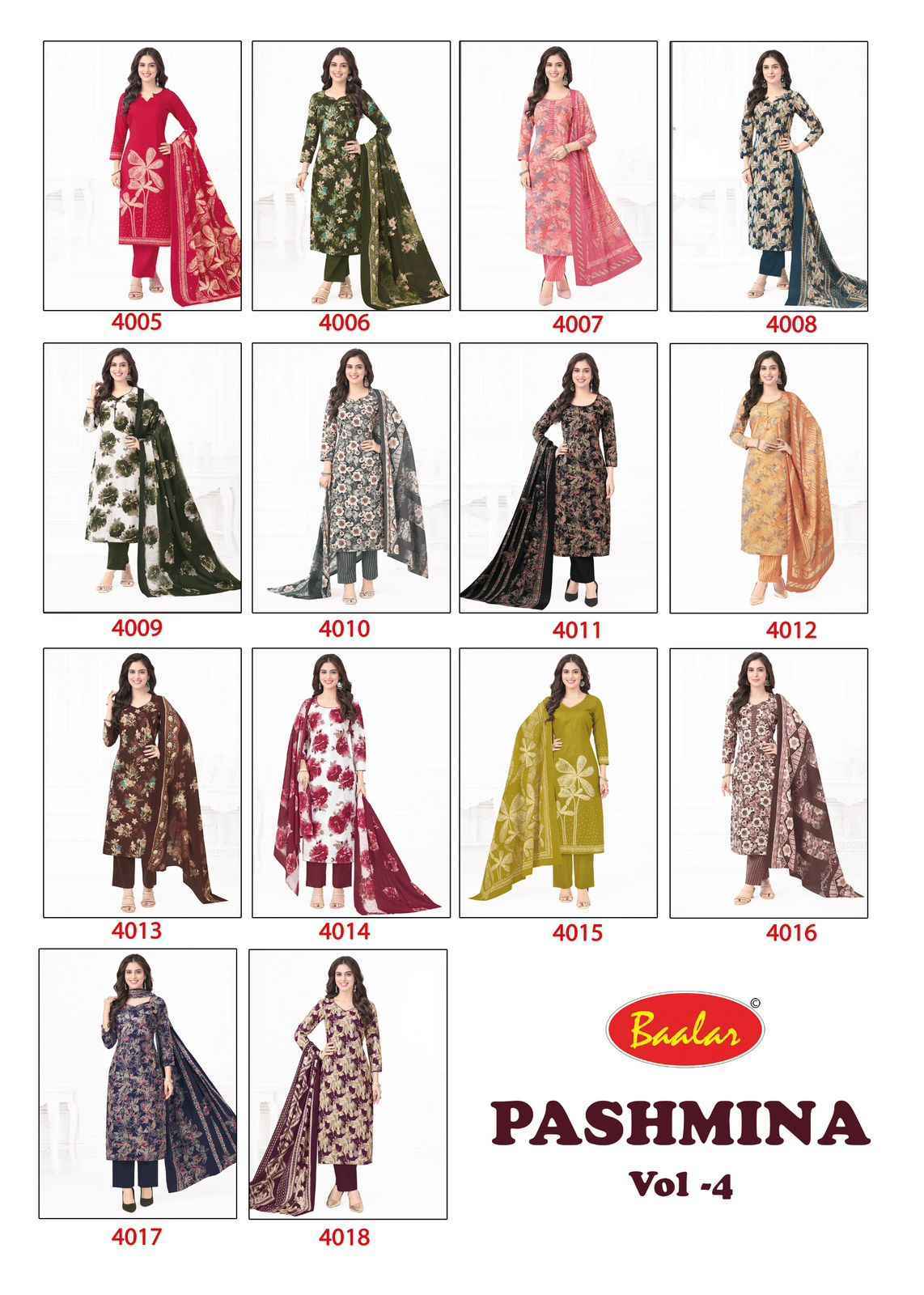 Baalar Pashmina Vol-4 Lawn Cotton Dress Material (18 pcs Catalogue)