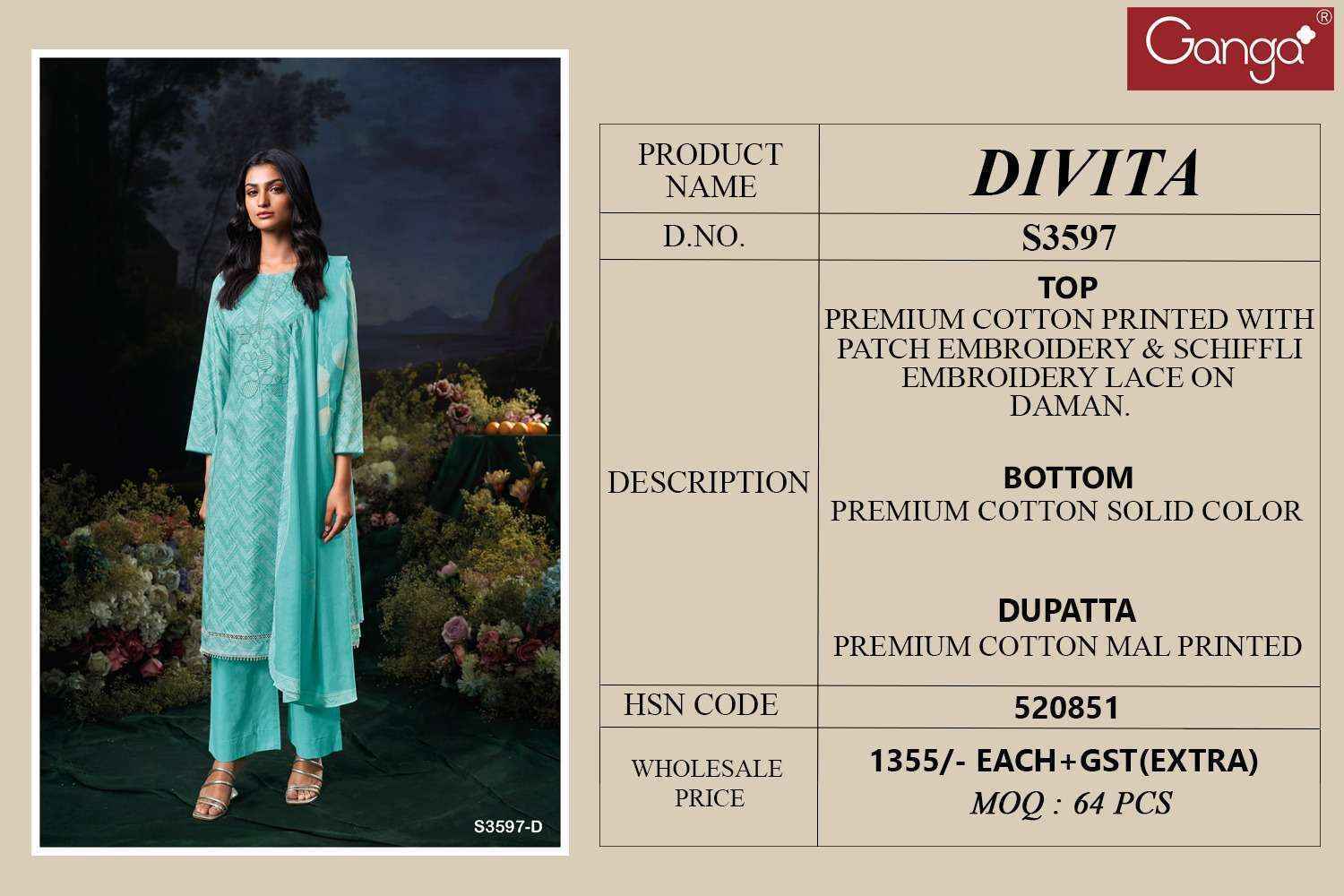 Ganga Divita-3597 Cotton Dress Material (4 pcs Catalogue)