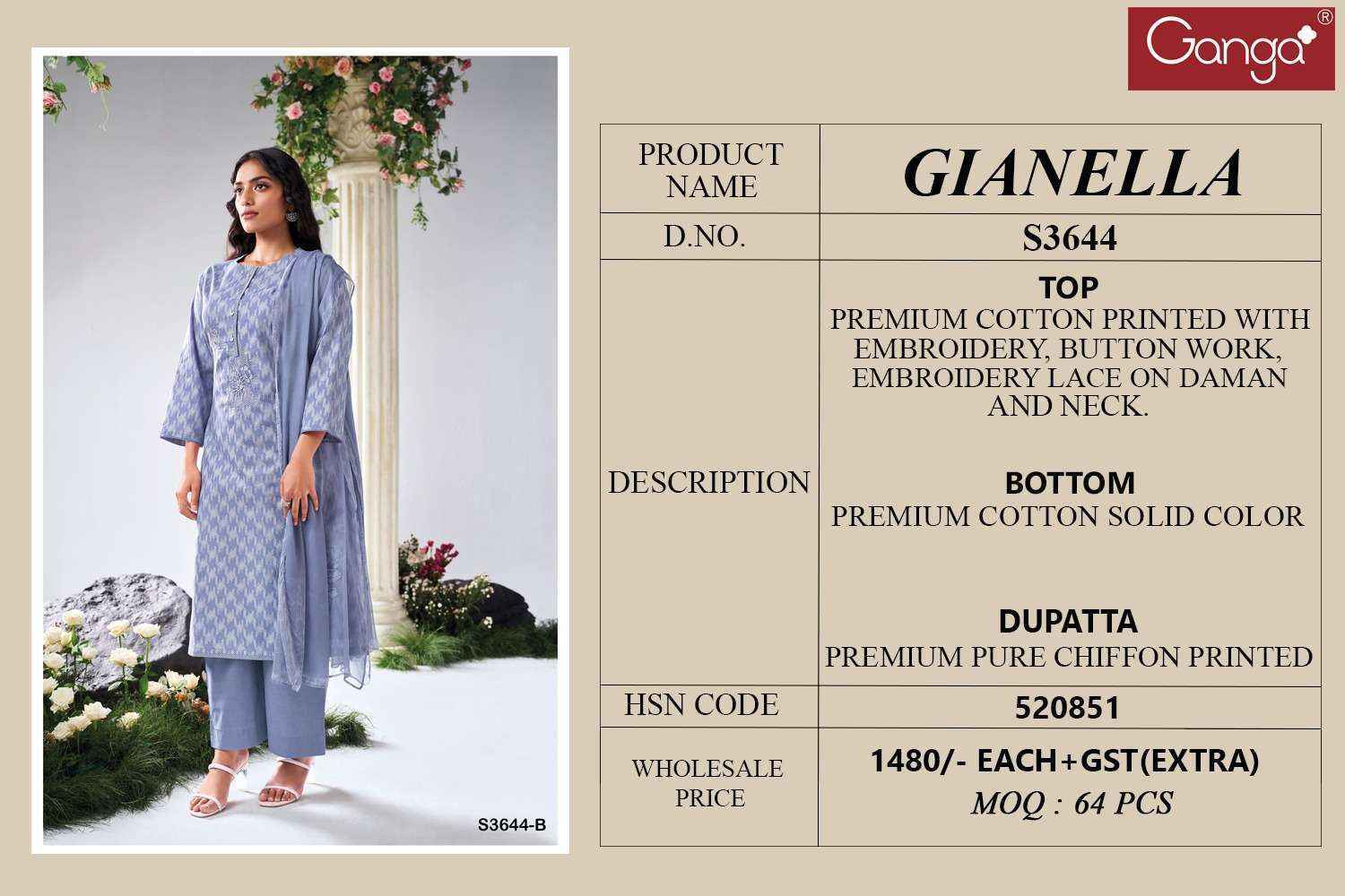 Ganga Gianella-3644 Cotton Dress Material (4 pcs Catalogue)