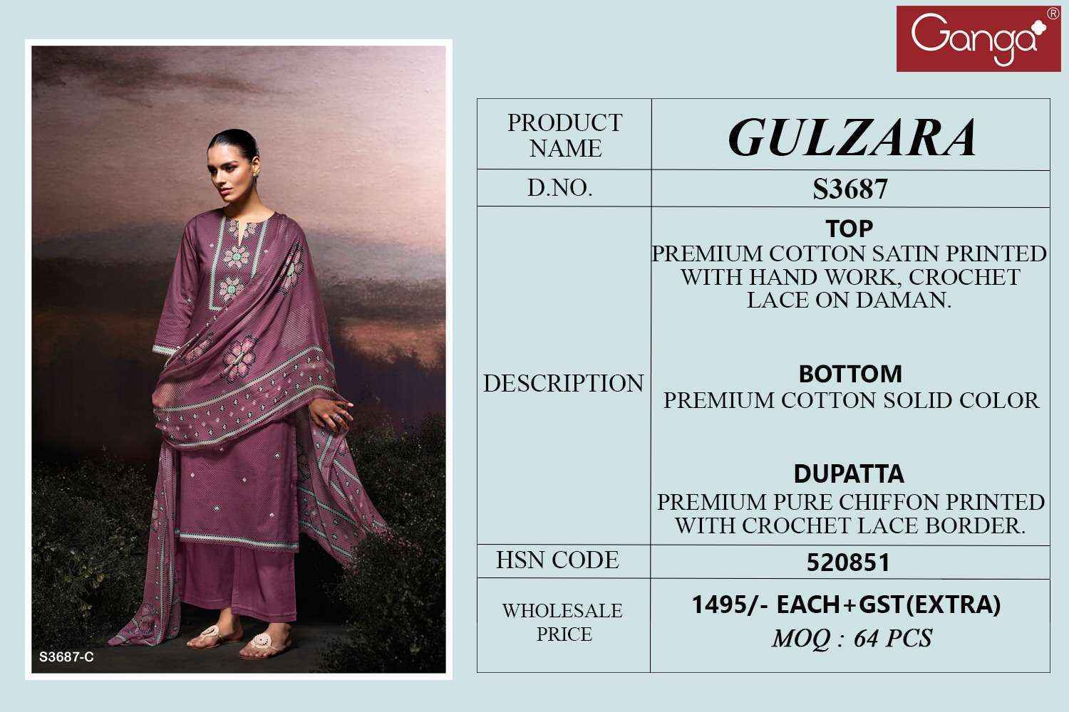 Ganga Gulzara 3687 Satin Cotton Dress Material 4 pcs Catalogue