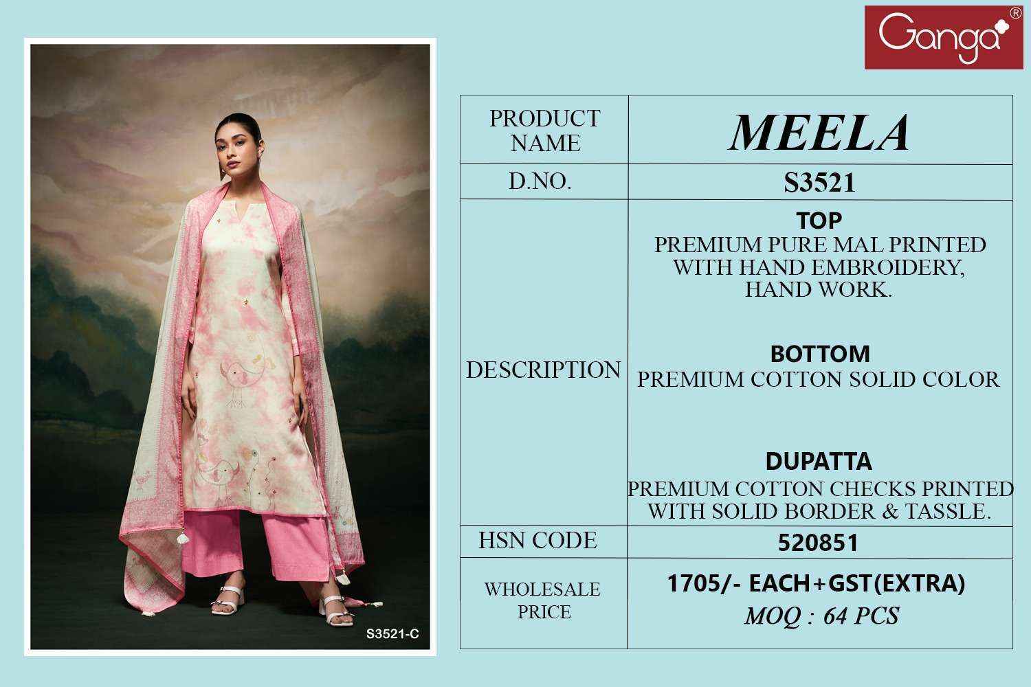 Ganga Meela-3521 Cotton Dress Material (4 pcs Catalogue)