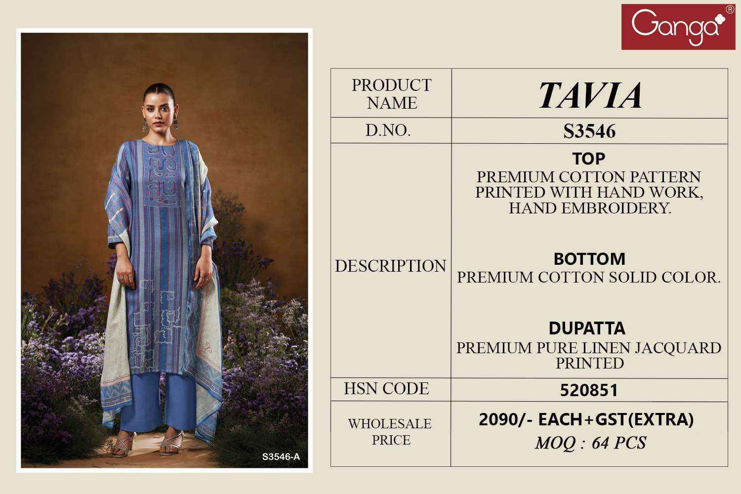 Ganga Tavia-3546 Cotton Dress Material (4 pcs Catalogue)