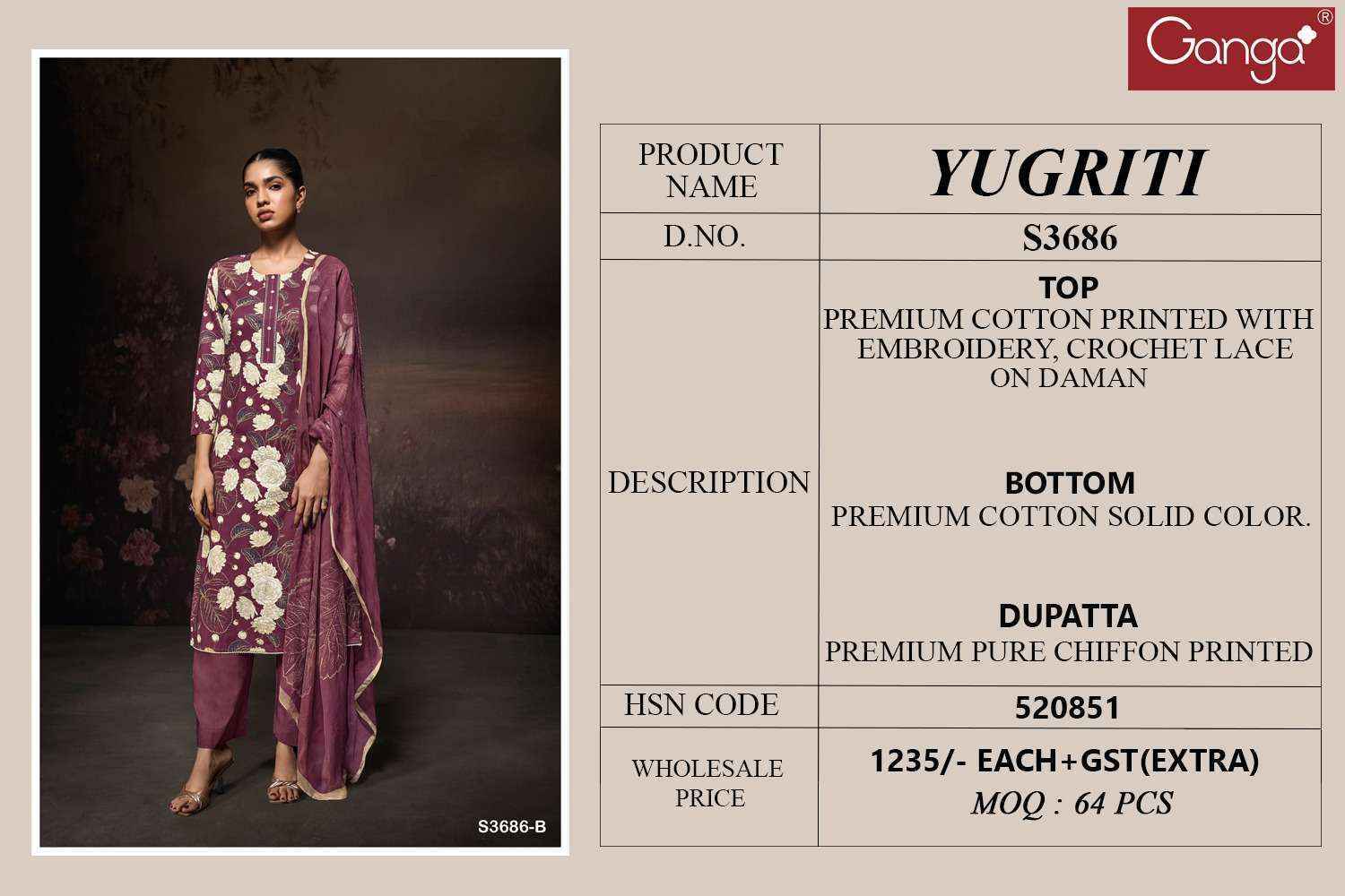 Ganga Yugriti-3686 Cotton Dress Material (4 pcs Catalogue)