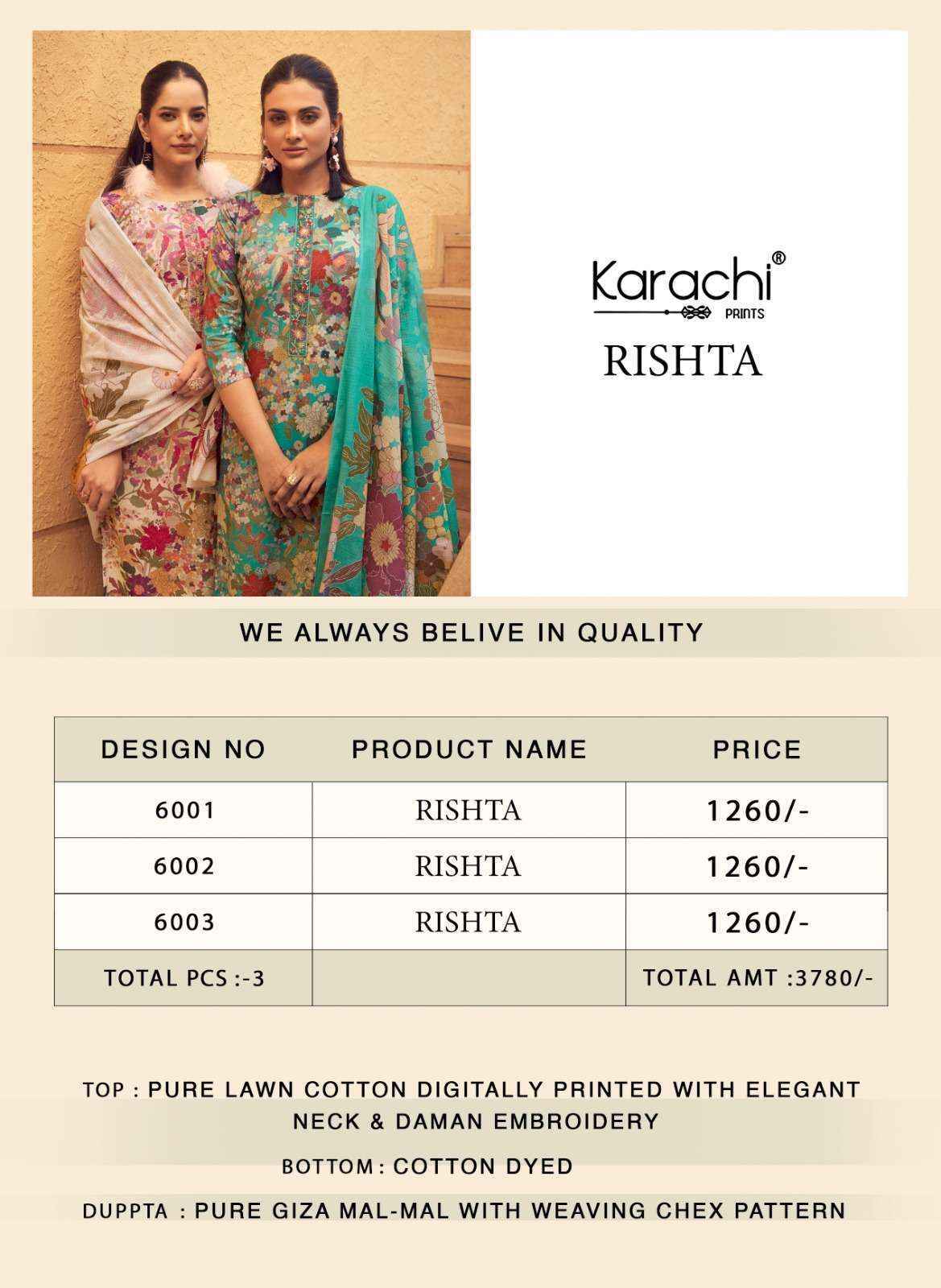 Karachi Prints Rishta Lawn Cotton Dress Material (3 pcs Catalogue)