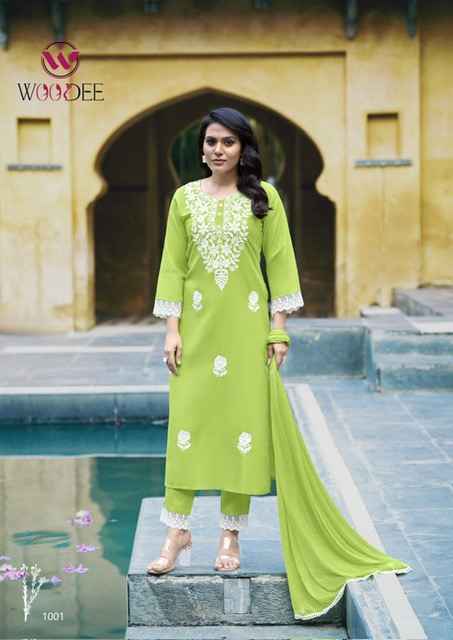 Woodee White Lotus Rayon Readymade Suit (6 pcs Catalogue)