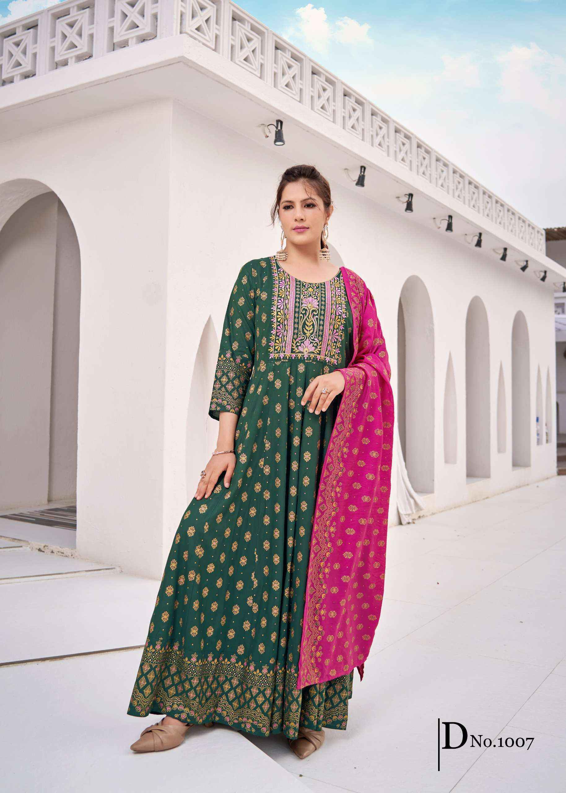 Mukesh Rang Leela Rayon Gown With Dupatta (8 pcs Catalogue)