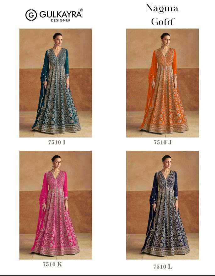 Gulkayra Designer Nagma Gold Readymade Chinon Dress 4 Pc Catalouge