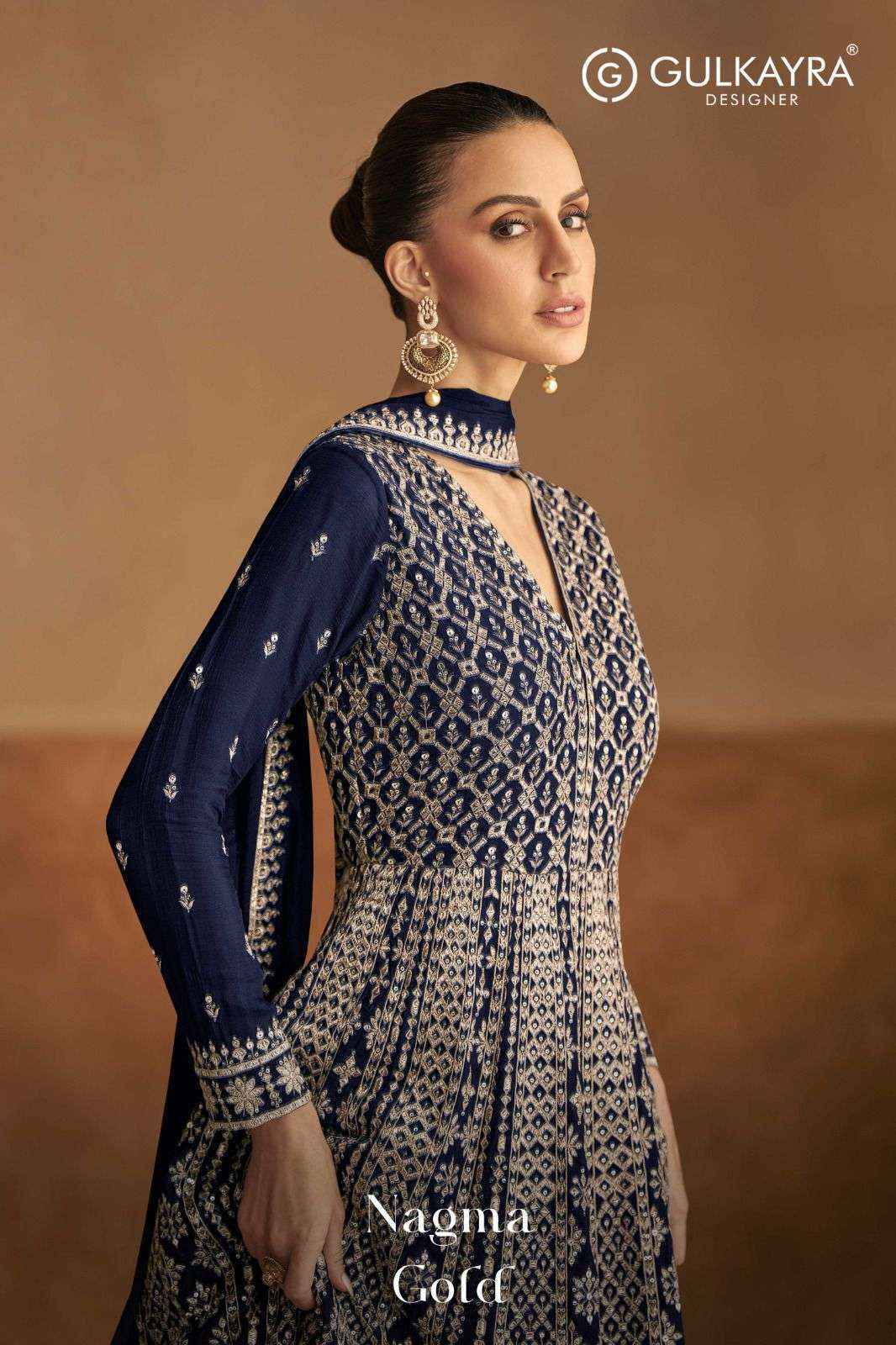 Gulkayra Designer Nagma Gold Readymade Chinon Dress 4 Pc Catalouge
