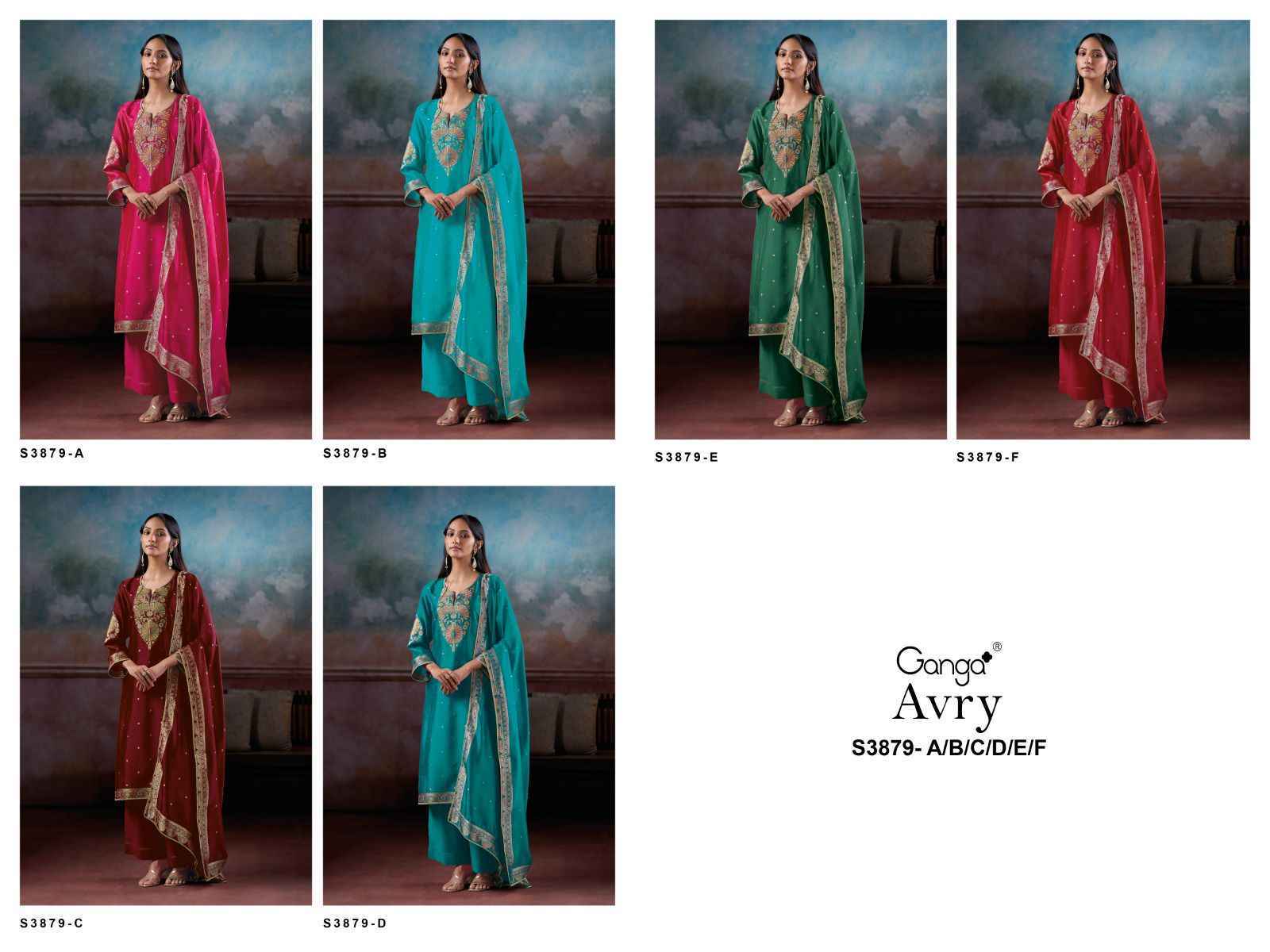 Ganga Avry-3879 Satin Silk Dress Material (6 pcs Catalogue)