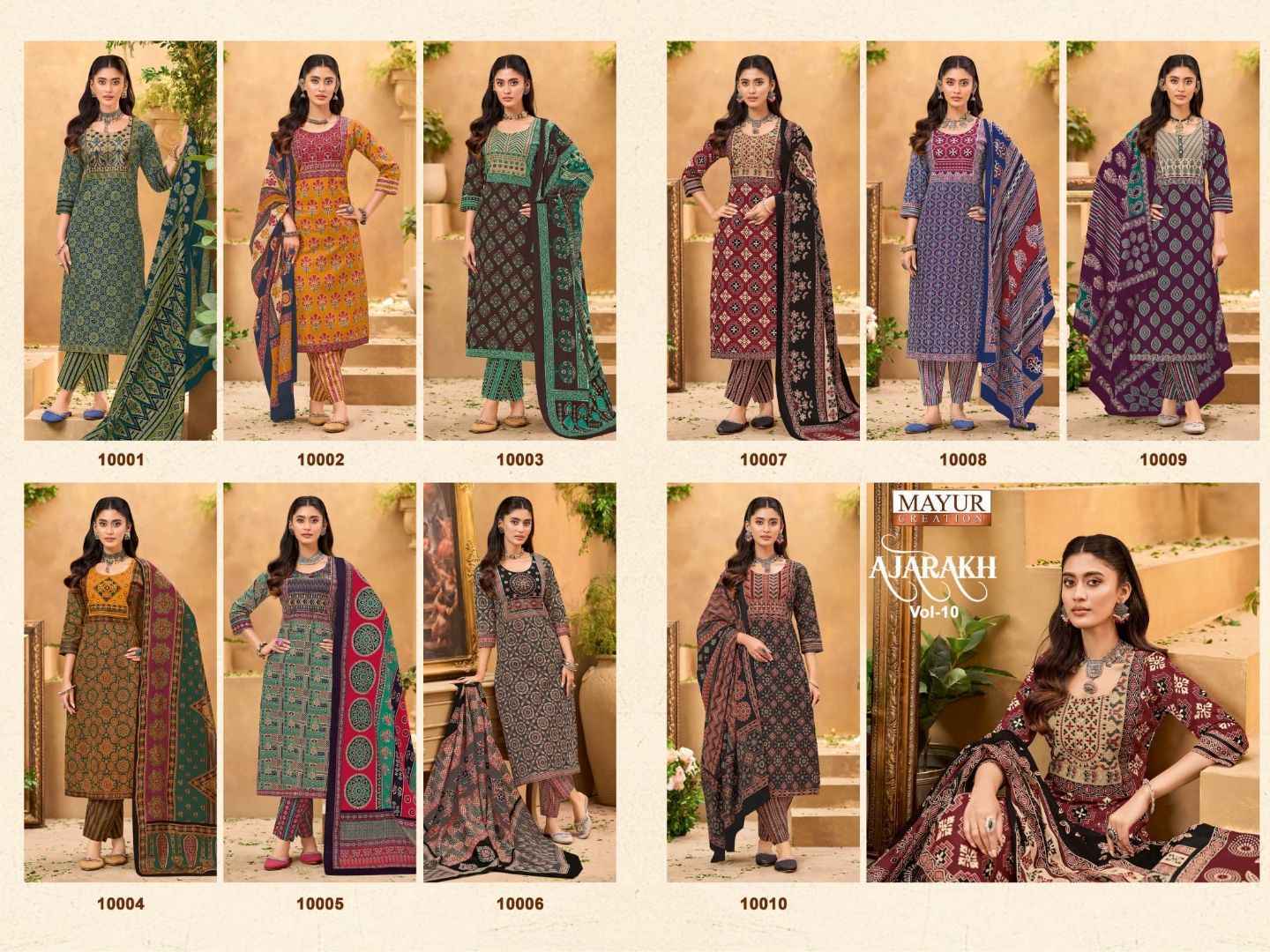 Mayur Creation Ajarakh Vol 10 Readymade Cotton Dress 10 pcs Catalogue