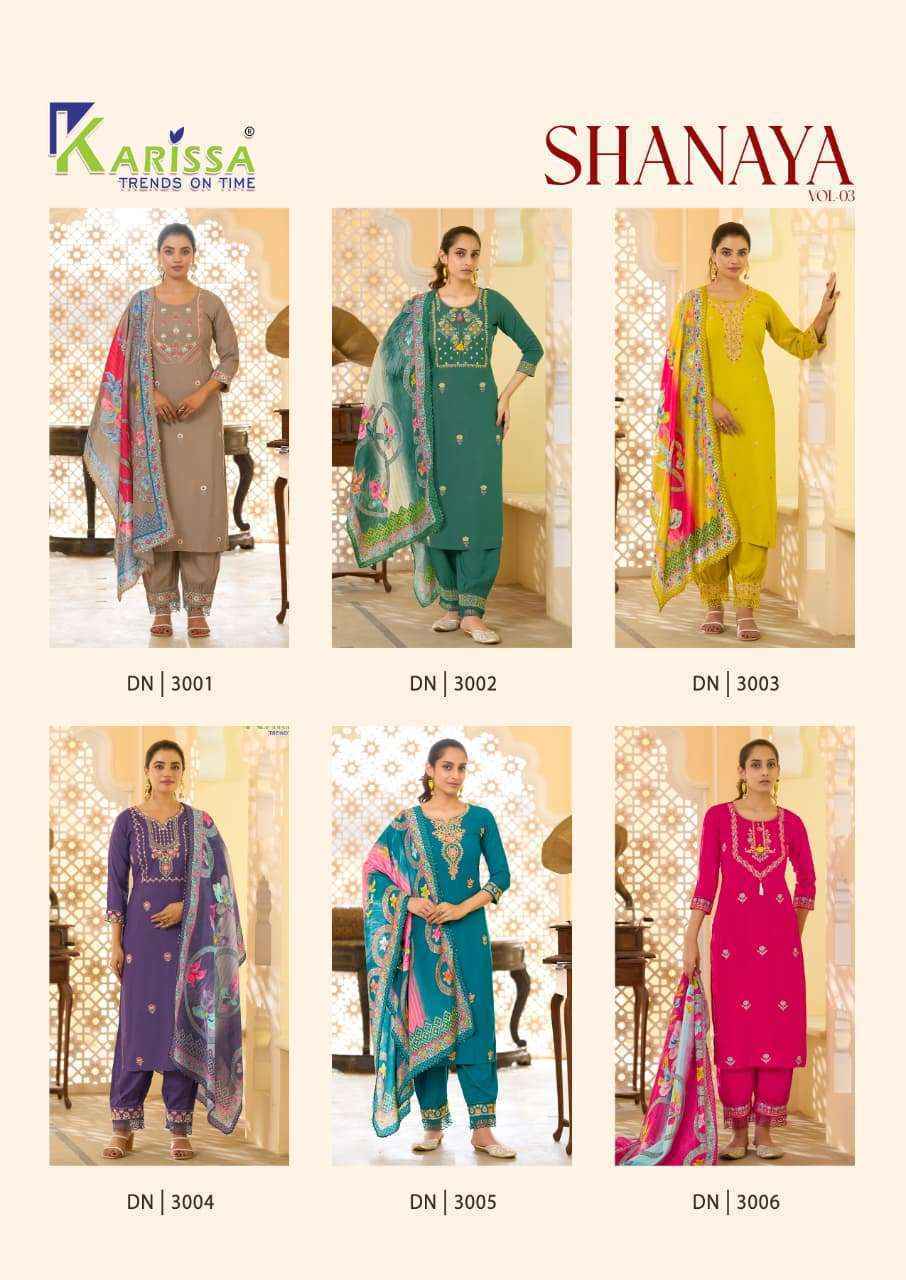 Karissa Shanaya Vol-3 Rayon Readymade Suit (6 pcs Catalogue)