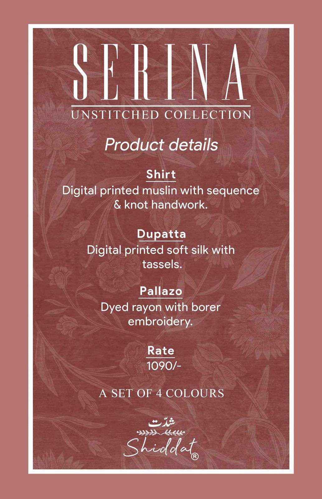 Shiddat Serina-1001 Muslin Dress Material (4 pcs Catalogue)